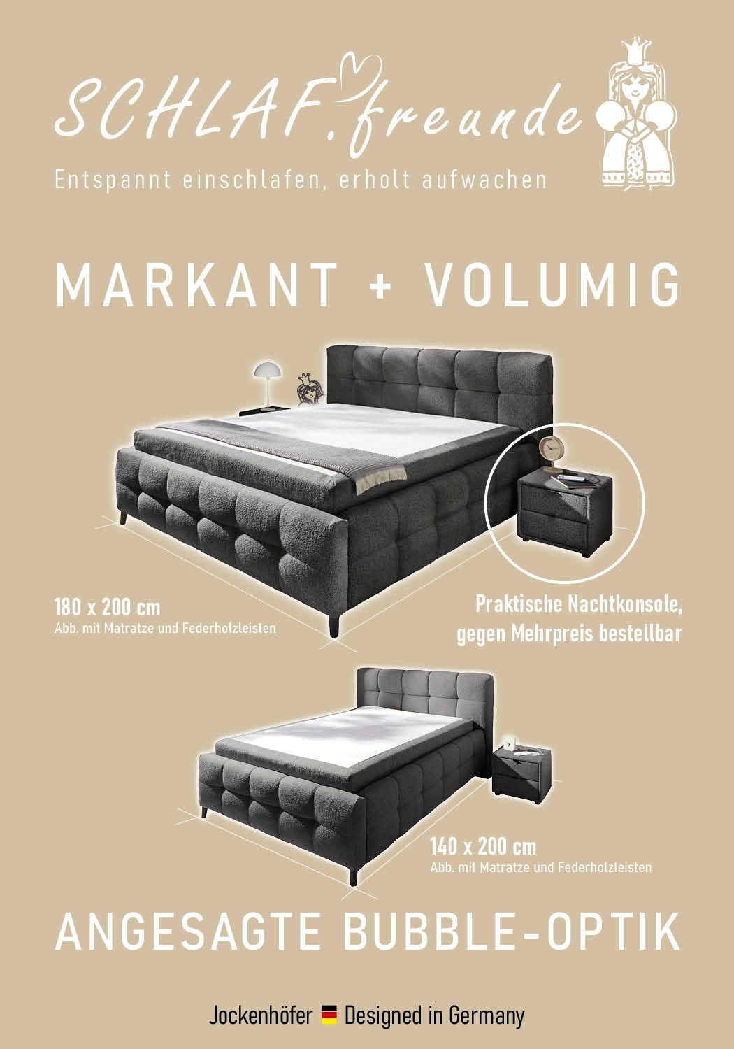 Jockenhöfer Gruppe Lit rembourré »Lucy, wahlweise mit Federholzleisten und 7-Zonen-TTFK-Matratze in H3« Effet bulle, 2 profondeurs d’insertion différentes possibles