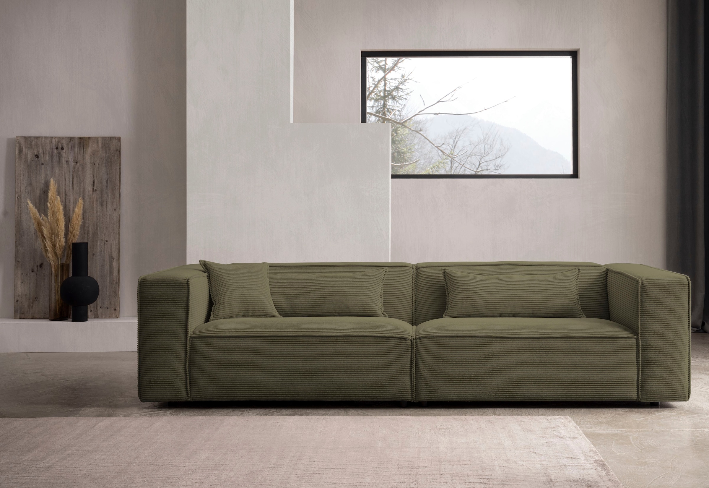 LeGer Home by Lena Gercke 3-Sitzer »PIARA, Couch mit Kedernaht, Sofa in Cord oder Leinenoptik«, schwarze Füsse, bequemer Sitzkomfort