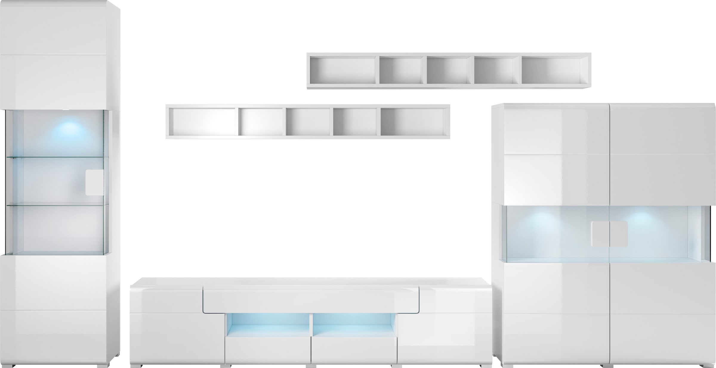 INOSIGN Wohnwand »Toledo,Breite 384cm stilvolle Mediawand ohne Beleuchtung«, (Set, 5 St.), Anbauwand(Vitrine,Lowboard,Highboard,2xHängeregal)MDF Hochglanzfronten