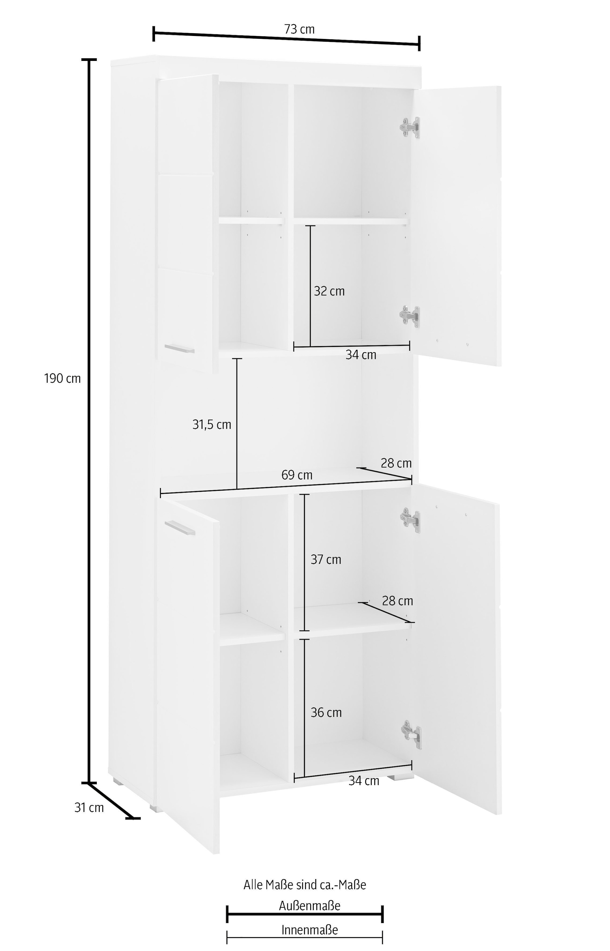 welltime Armoire haute »Avena« Badschrank 4-türig mit o. Fach und 4 Einlegeböden - B/T/H 73/31/190 cm