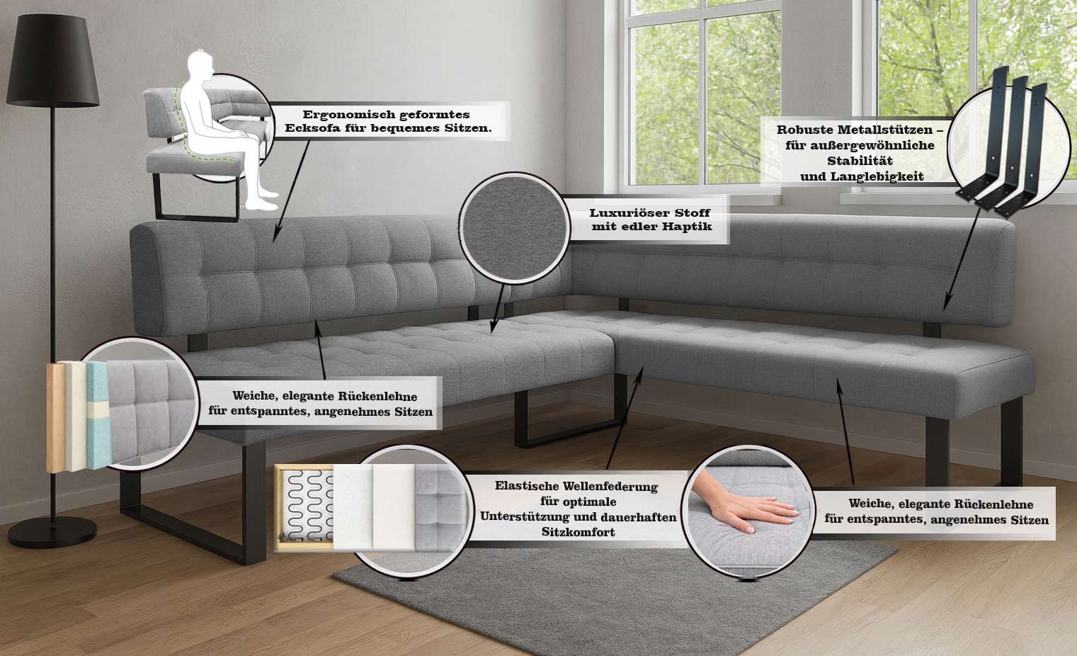 Home affaire Banc d'angle »Mia Küchenbank, Polsterbank, Esszimmerbank, 207x167 cm« Moderne Bank und  Farben, Sitzplatzanzahl: 5, Frei in Raum stellbar