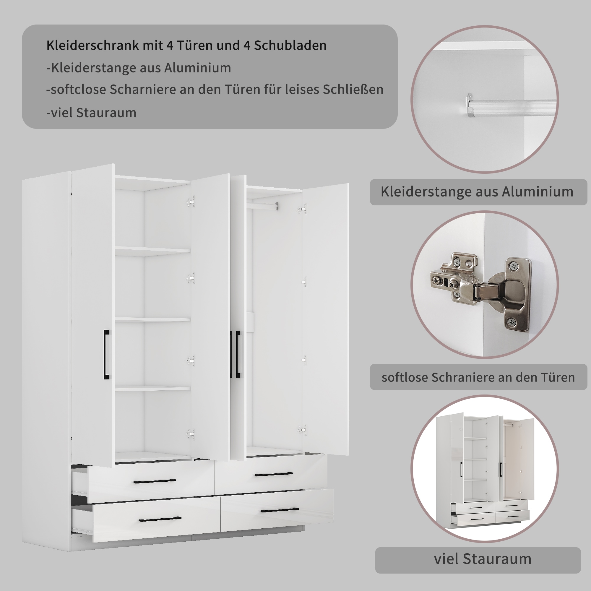 GOODproduct Armoires à vêtements »Sylt Schlafzimmerschrank Garderobe Schrank hochglanz« Drehtürenschrank mit 4 Schubladen und 4 Türen,  Schrank in Breite 160 mit viel Stauraum