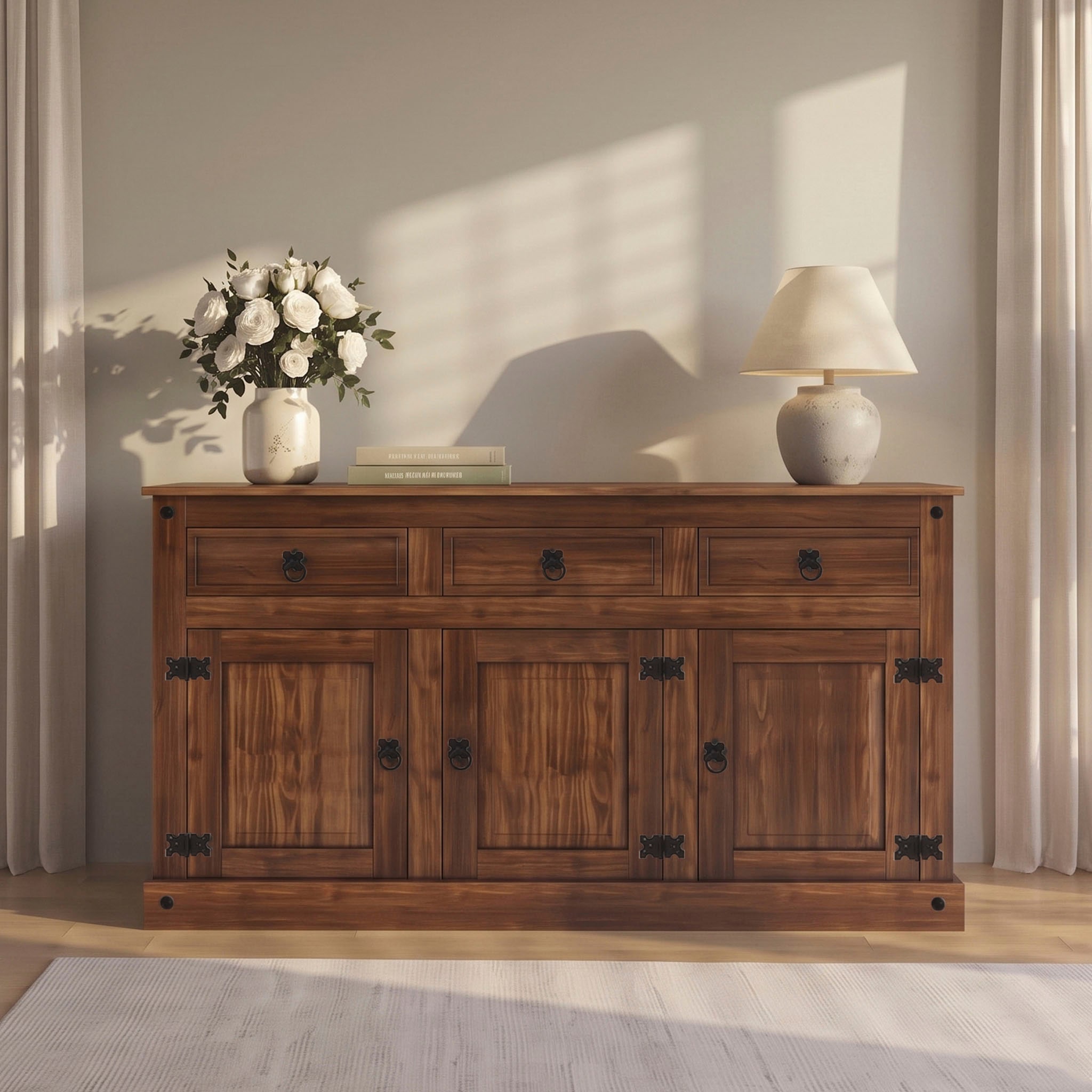 GOODproduct Buffet »Mexiko Kommode mit 3 Türen und 3 Schubladen mit Ringgriffen aus Metall« commode en pin massif, largeur 151 cm