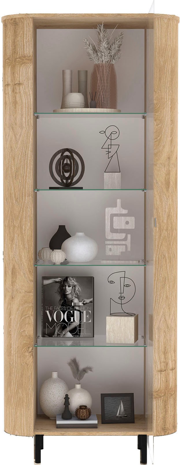 Home affaire Vitrine »Murano, Standvitrine H 200 cm, B 80 cm, 1 Tür, Vitrinenschrank« Formgebogenes MDF, Stirnseiten mit Rundung, Metallfüsse, stilvoll