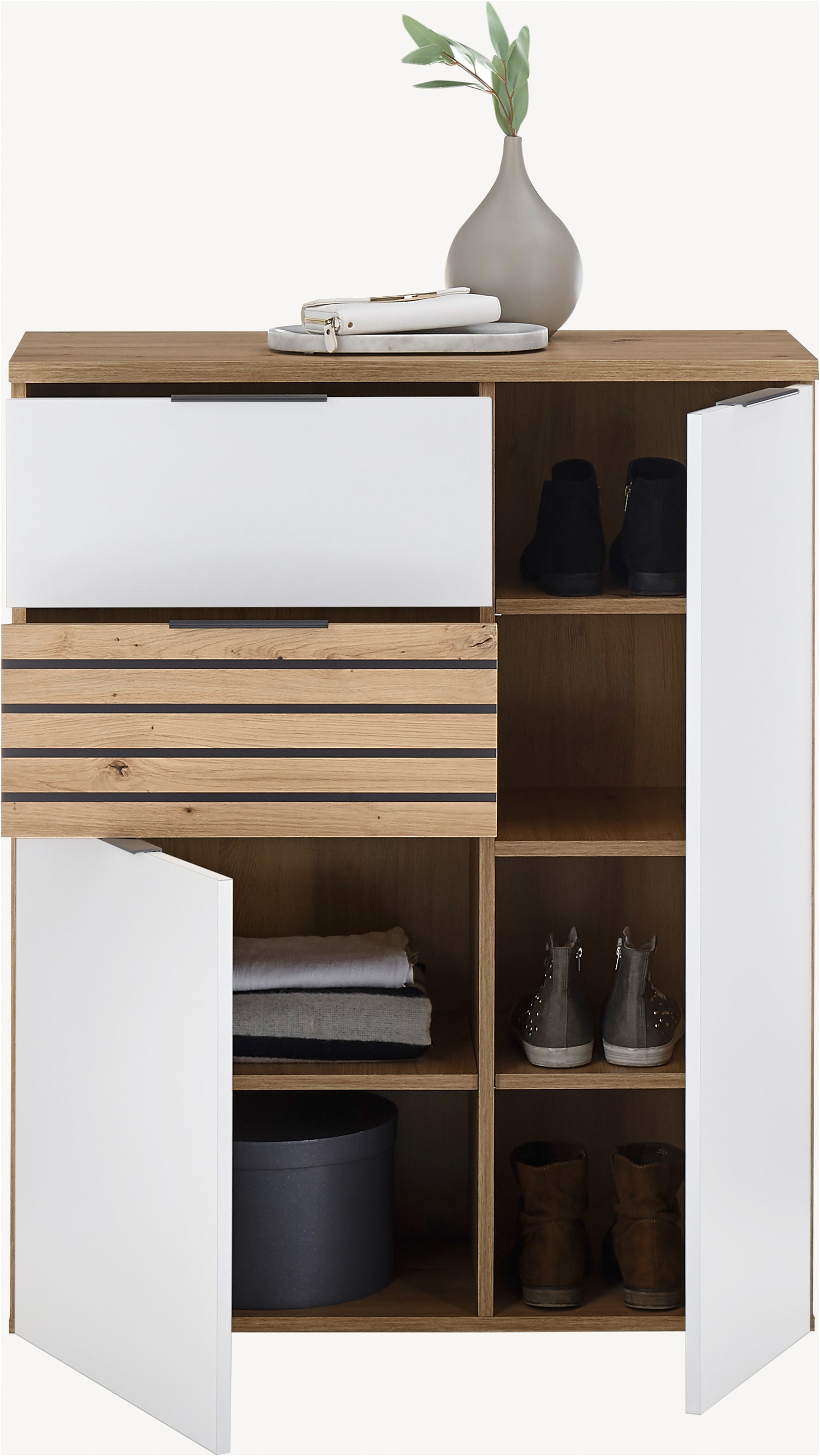 HBZ Garderoben-Set »5-tlg. Eiche Stripes Optik Flurgarderobe Stellmass BxHxT 260x197x38 cm«, (5 St.), Mit Schuhkommode, Hochschrank, Bank, Paneel, Spiegel