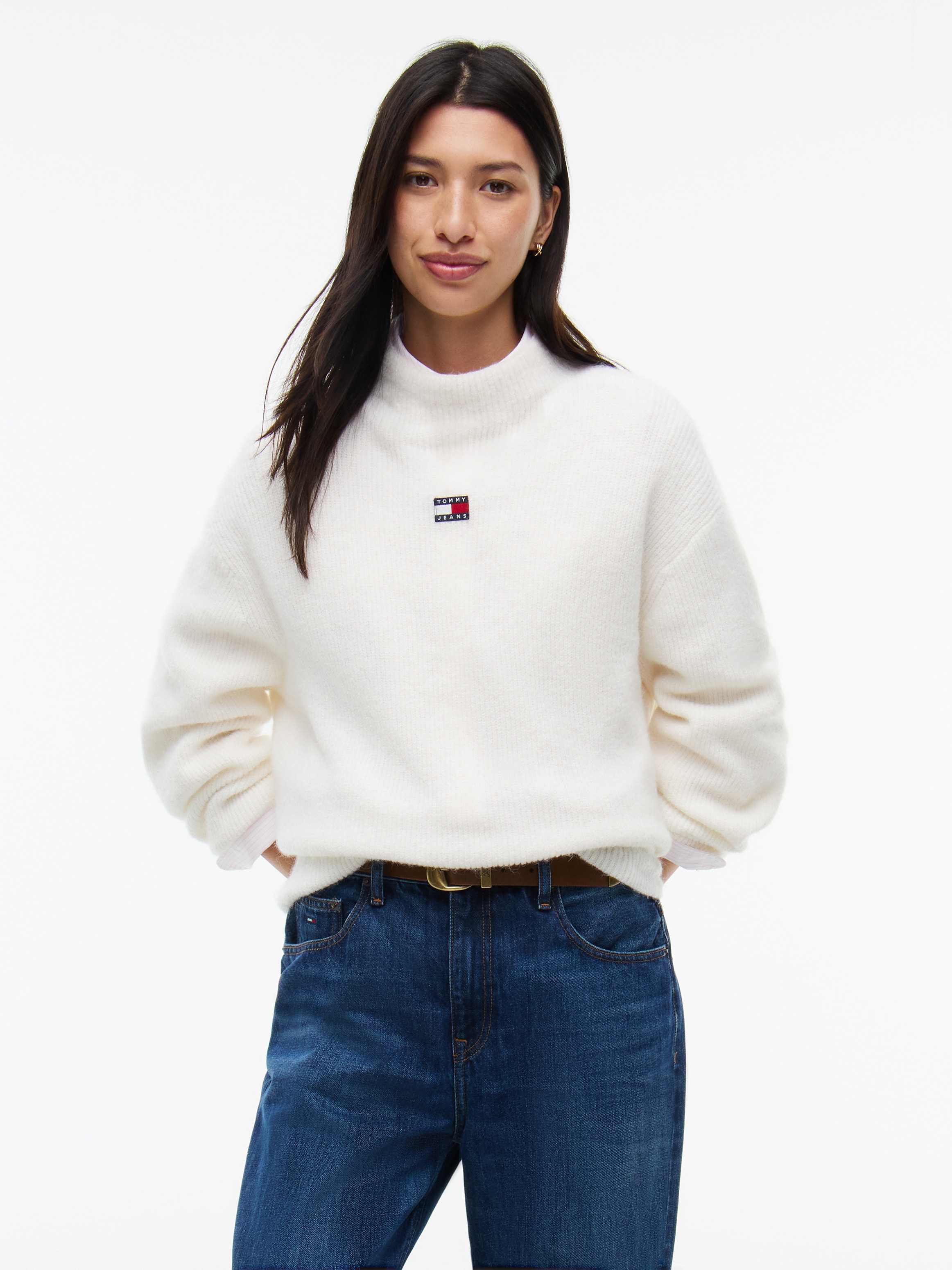 Image of Tommy Jeans Stehkragenpullover "TJW MOCKNECK BADGE SWEATER EXT" Materialmix mit Alpaka
