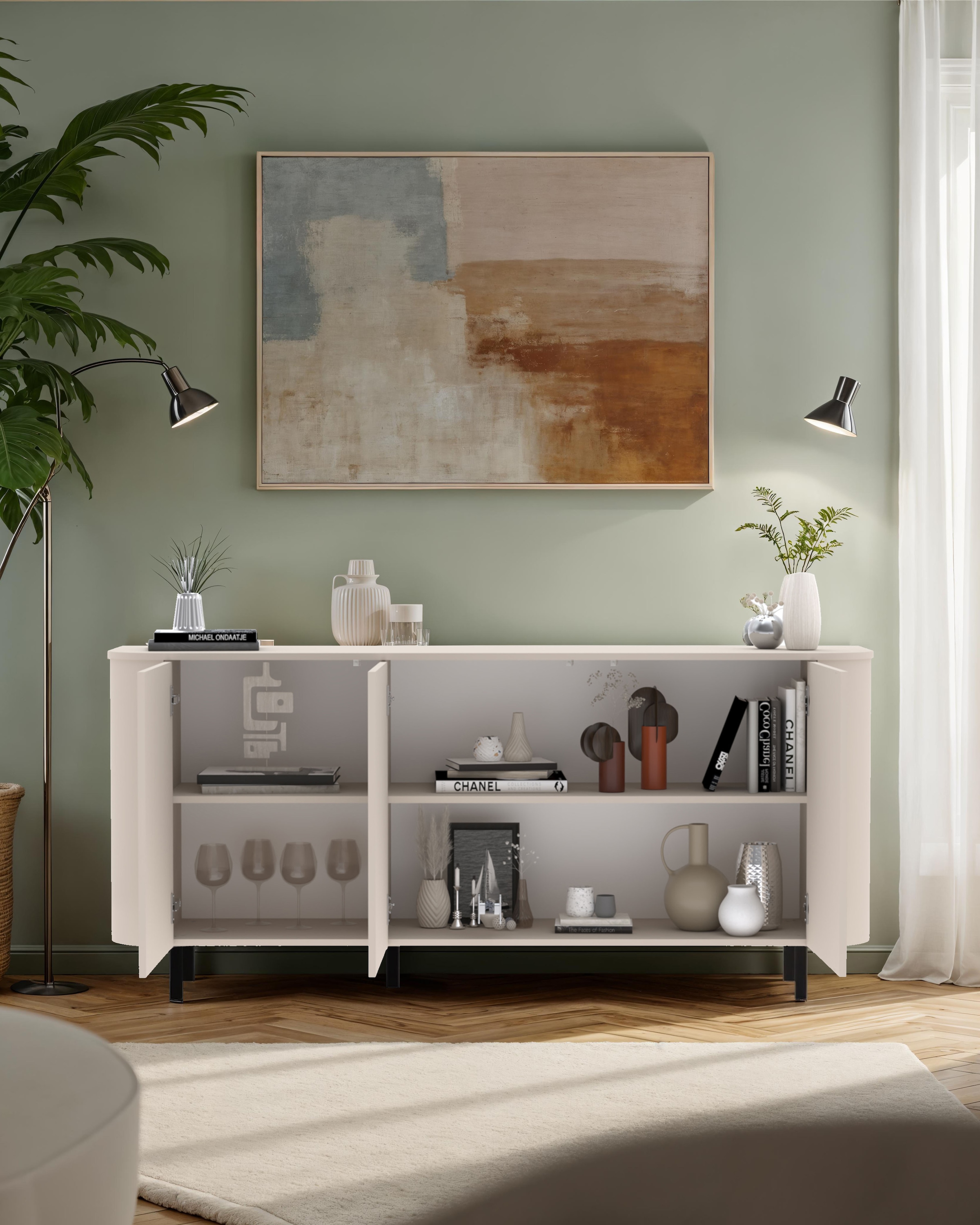 INOSIGN Sideboard »Lido, 181 cm breit, 3 Türen, Anrichte, Kommode, Stauraumschrank« Formgebogenes MDF, Stirnseiten mit Rundung, Push-to-open, Metallfüsse