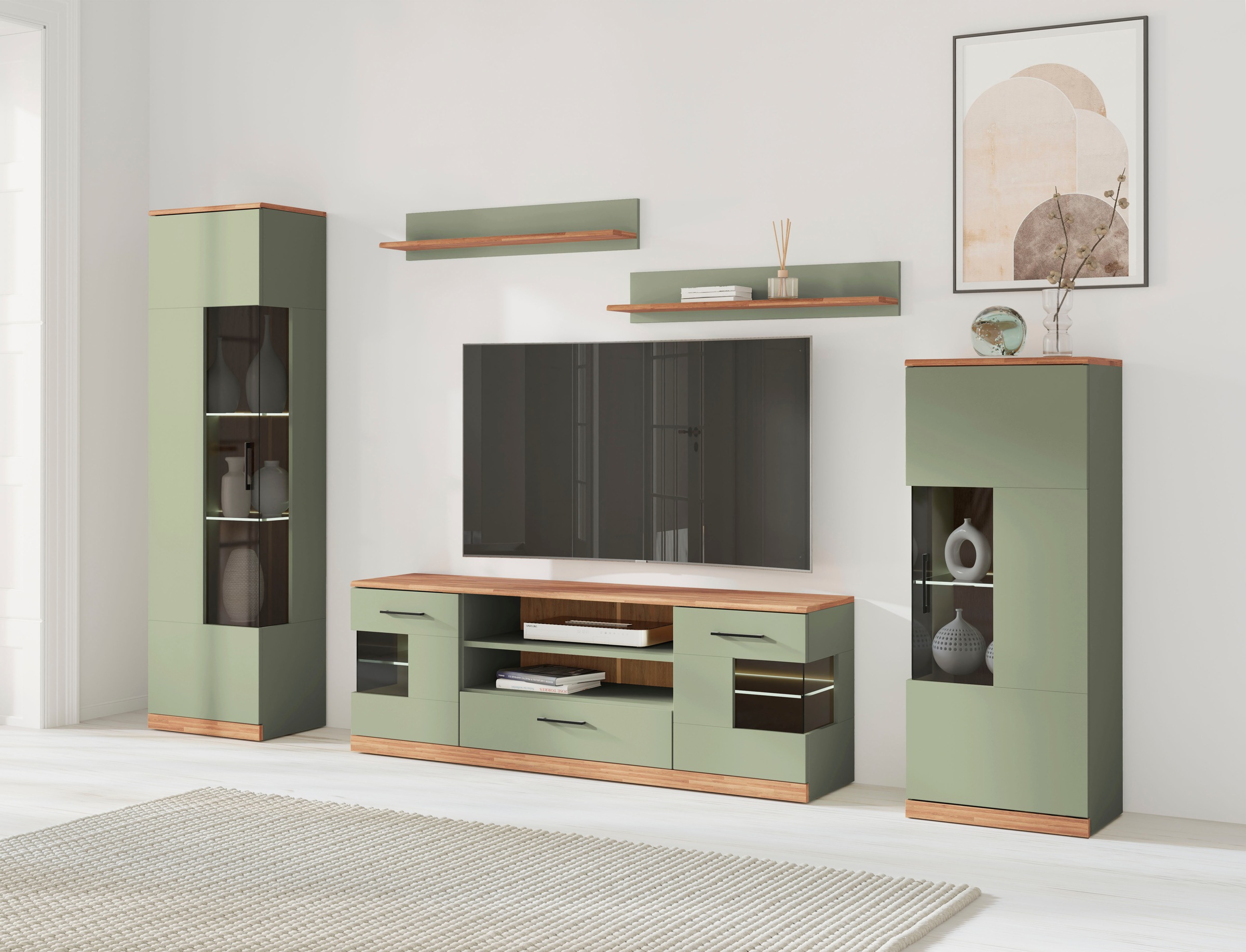Image of GOODproduct Wohnwand "Ribe: 5‑teilig, Oberplatte aus Massivholz, viel Stauraum, Trendfarbe" 5 Stk. tlg.