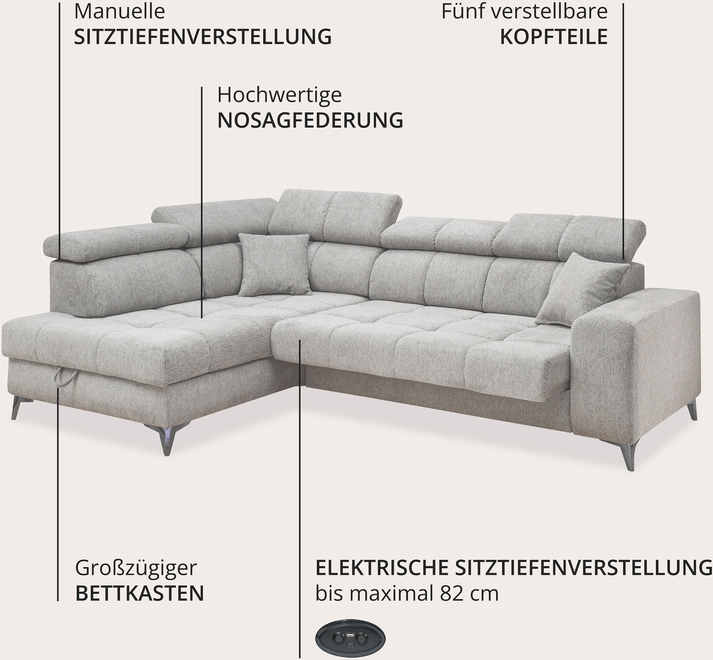 ED EXCITING DESIGN Ecksofa »Sydney L-Form« motorischer Sitztiefenverstellung, USB-Port & 2 Zierkissen