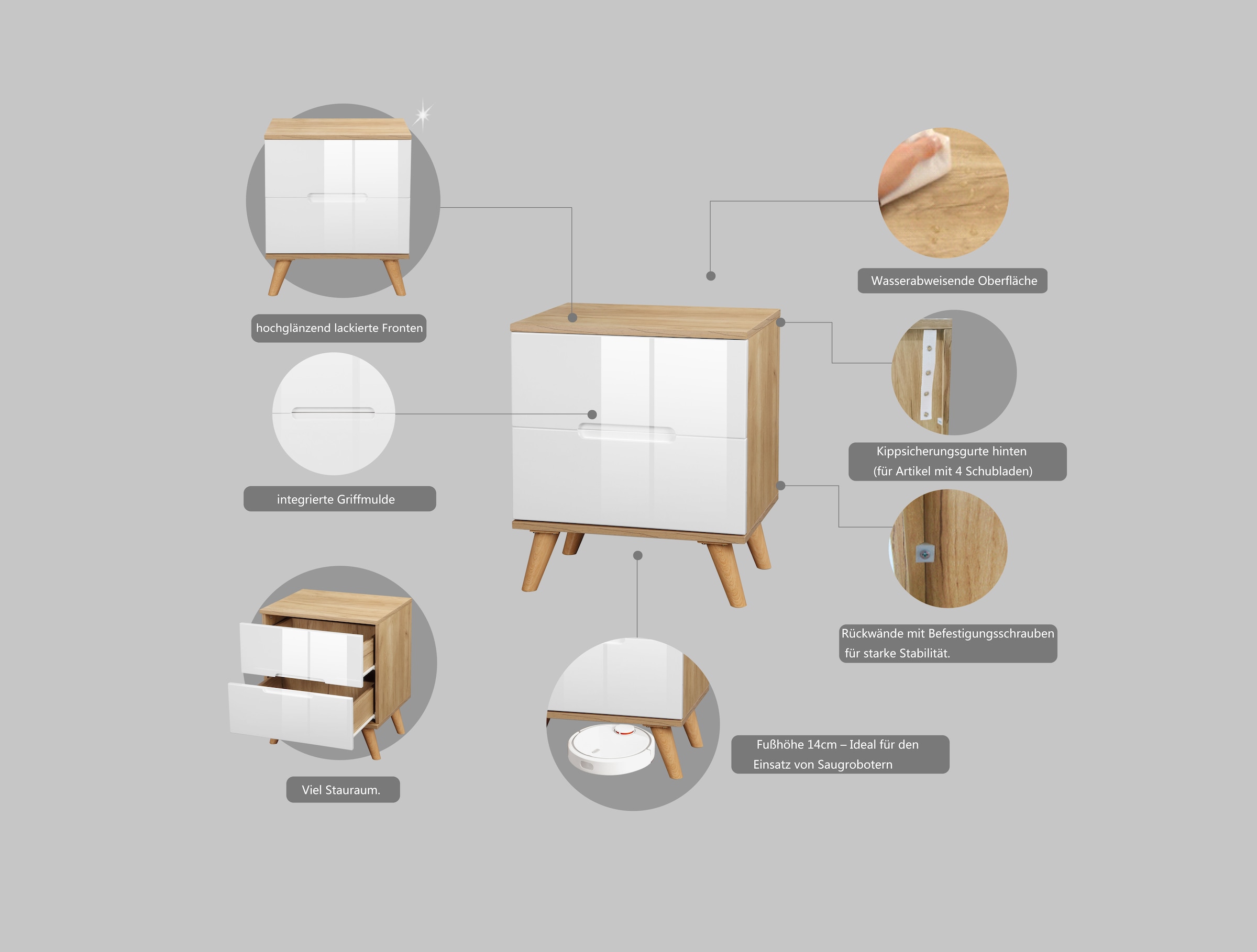 andas Nachtschrank »Lund Nachttisch Beistellschrank Kommode mit Hochglanzfronten«, Nachtkommode mit 2 Schubladen Bestseller im skandinavischem Design