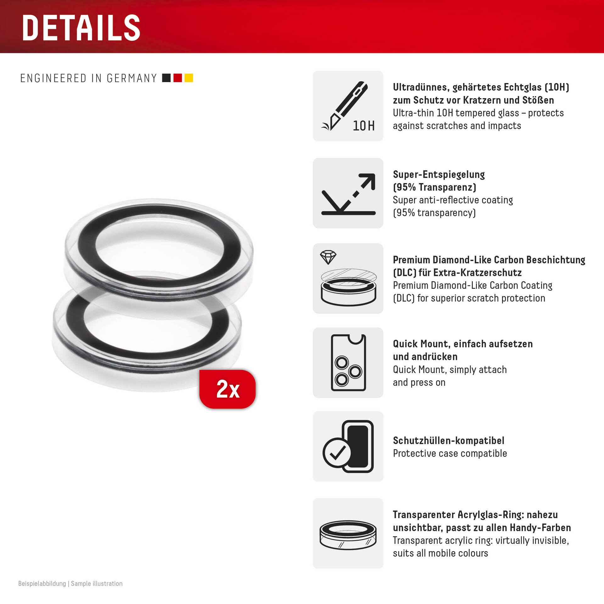 Displex Kameraschutzglas »Camera Lens Glass Single Glass Ring Protector« für Apple iPhone 16e Packung, 2x Einzellinsen-Schutzringe,  Objektivschutz, Kameraschutz, kratz- & stossfest