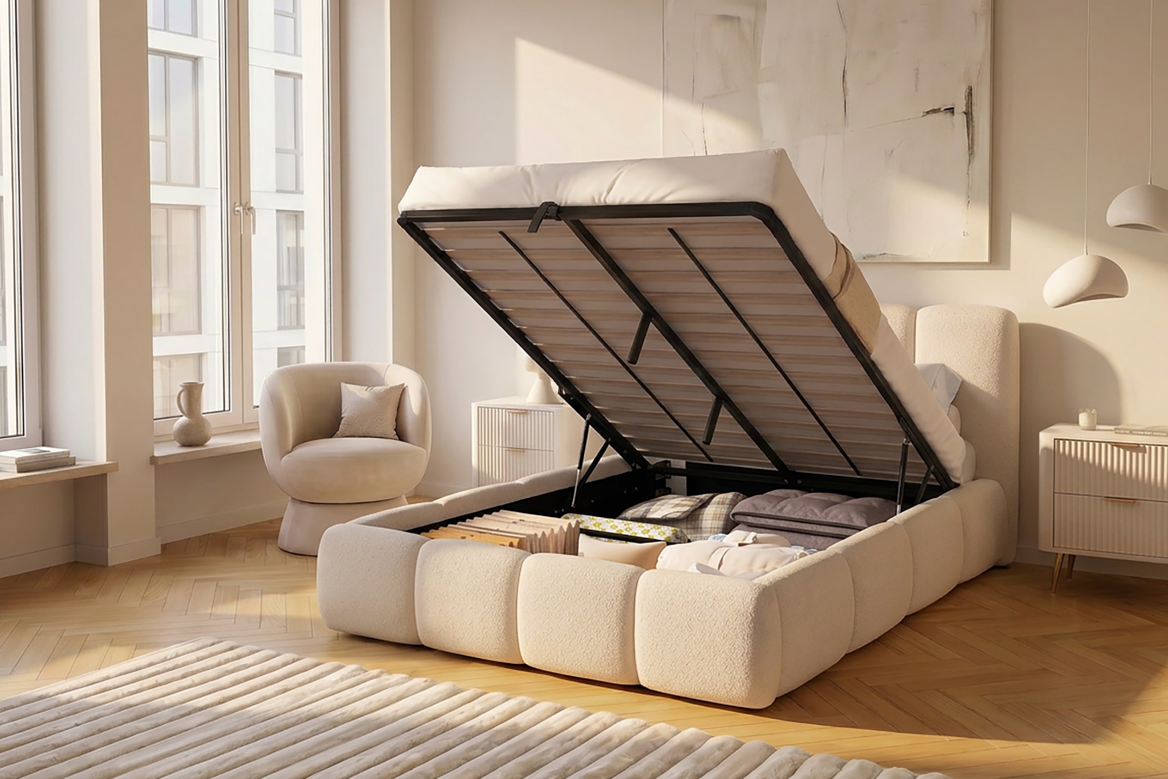 GOODproduct Lit rembourré »MERLINDA, Stauraumbett mit Lattenrost und Bettkasten, Chenille-Bezug« tête de lit et cadre fortement rembourrés, surface de couchage 140x200 / 180x200 cm