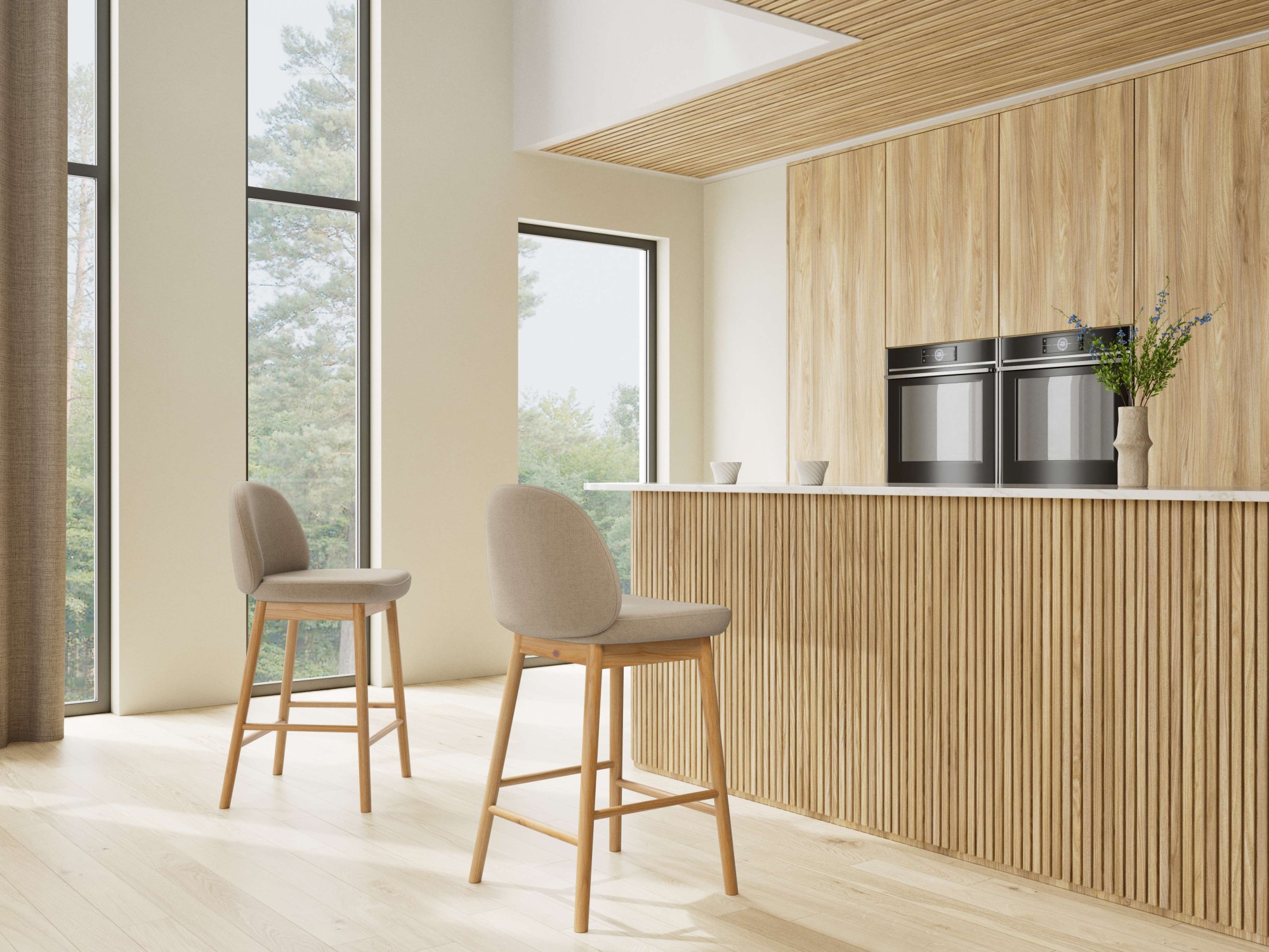 ACTONA GROUP Barhocker »Sophia - Bequemer Barstuhl aus Eiche mit Fussstütze & Rückenlehne« Set, 2 Stk. tlg. Skandinavisches Design, Sitz aus Stoff, für Küche & Essbereich