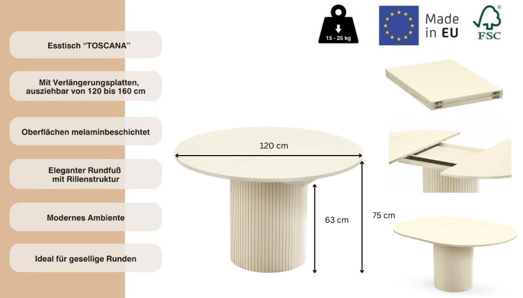Woodman Table de salle à manger »Toscana« Breite 120 cm, melaminbeschichtet, mit Verlängerungsplatten, FSC®