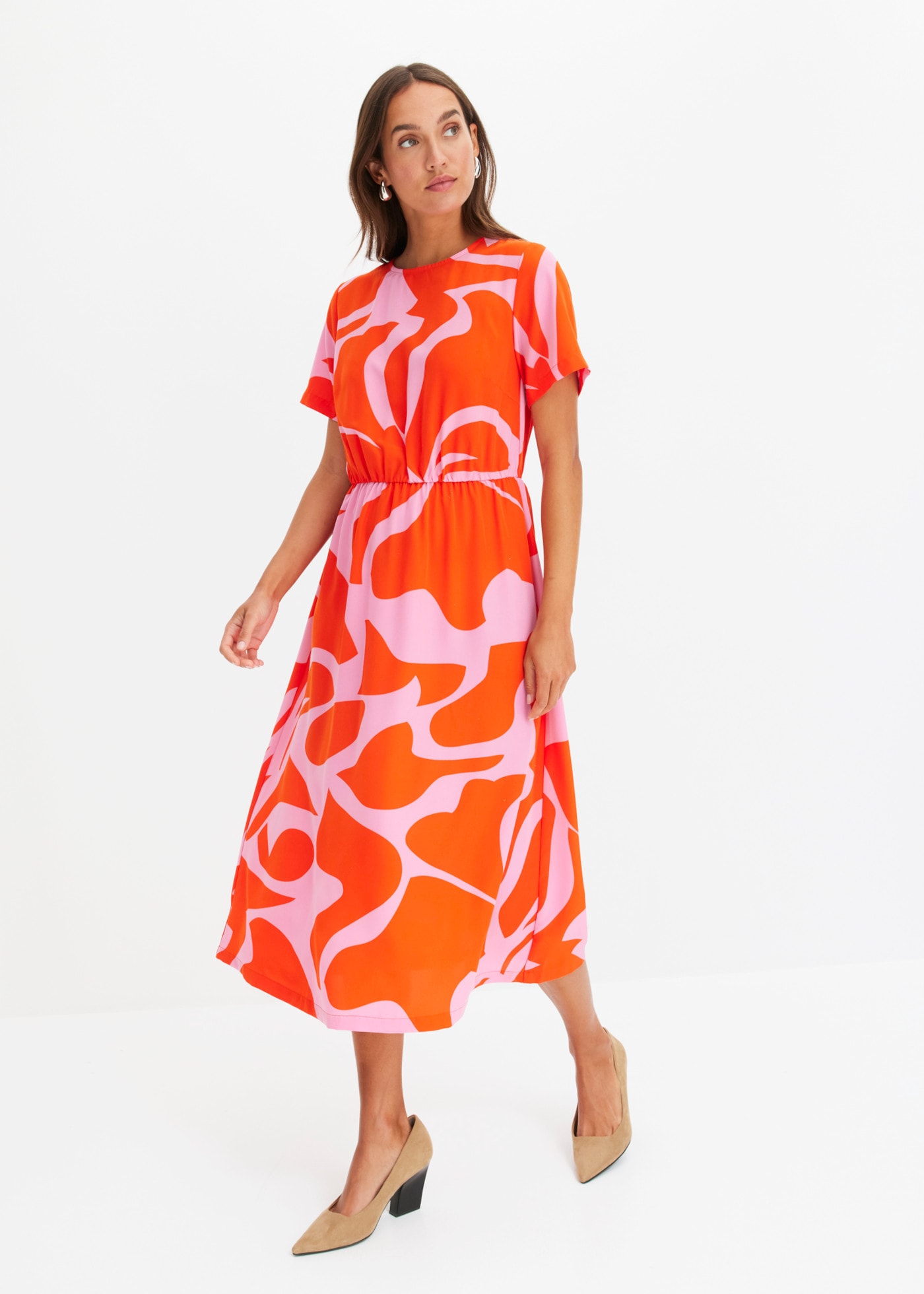 bonprix Midikleid mit modischem graphischem Print, ausgestellter Rock, Halbarm-Design