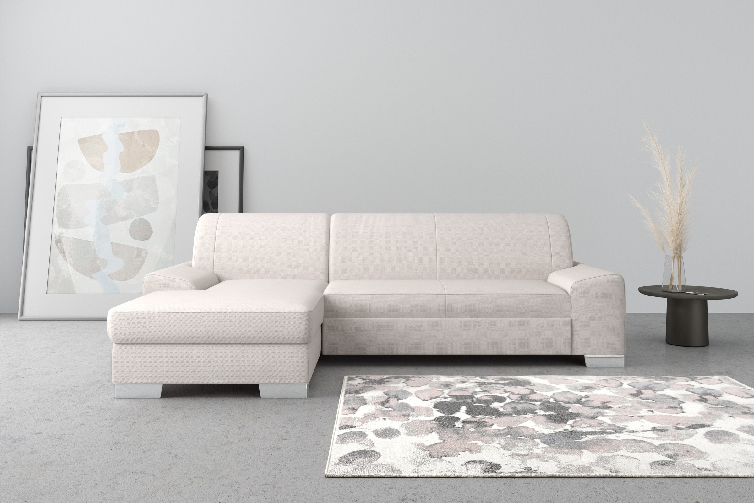 DOMO collection Ecksofa »Anzio L-Form, whlw. Bettfunktion, Federkern, hochwertig, Breite 271 cm«, Ohne Bettfunktion, Recamiere links, Chenille-Struktur, creme