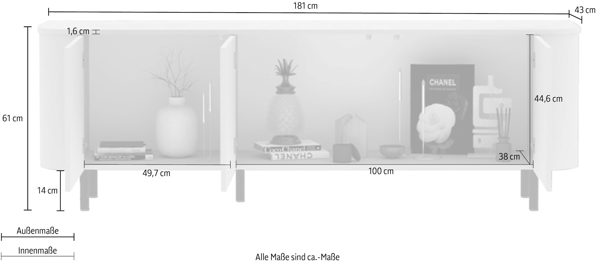INOSIGN Lowboard »Lido, 181 cm breit, 3 Türen, TV-Schrank, TV-Kommode, Medienboard« Formgebogenes MDF, Stirnseiten mit Rundung, Push-to-open, Metallfüsse