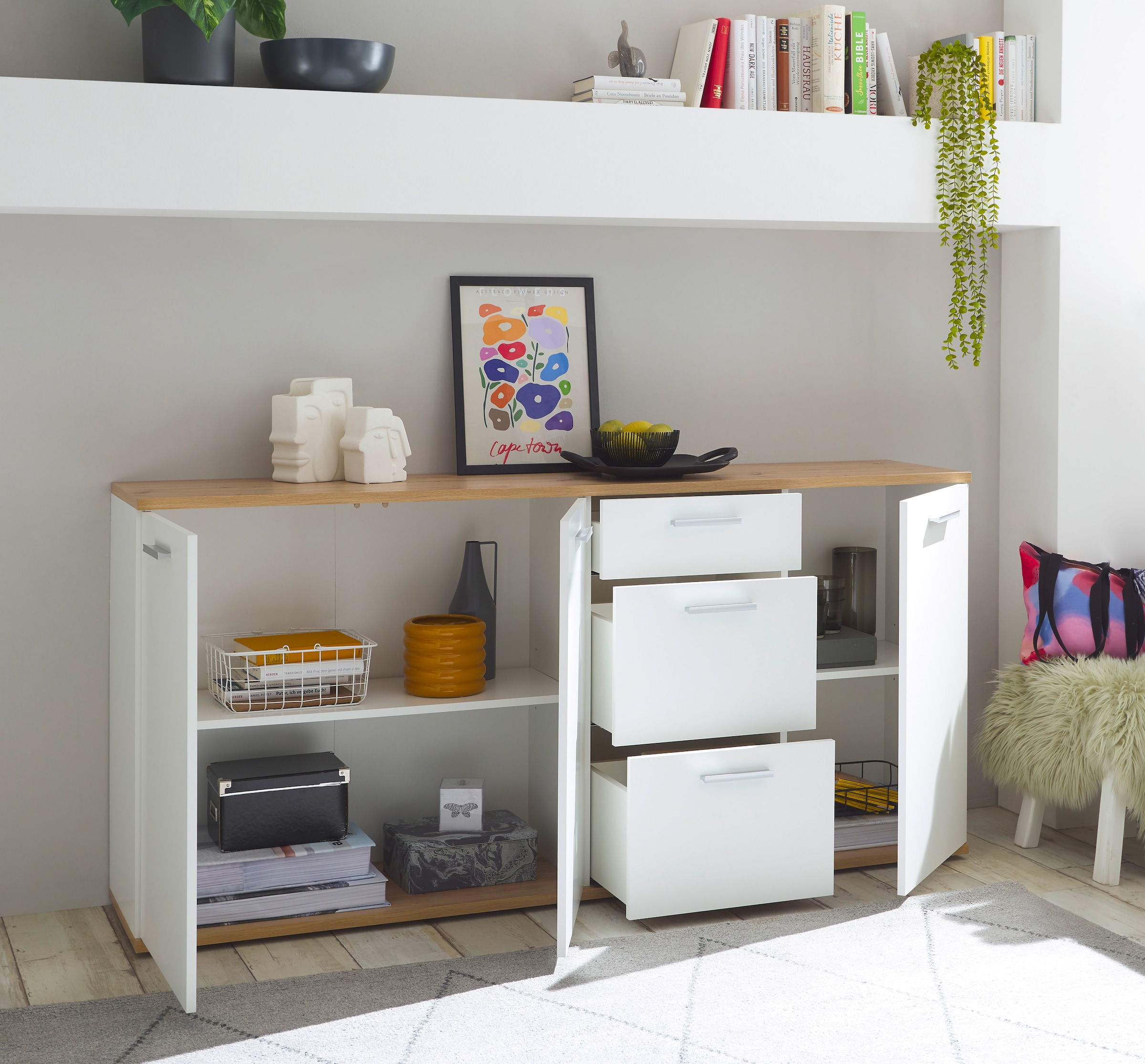 HBZ Kommode »BC1035 weiss matt, BxHxT 180x86x38 cm«, Sideboard mit 3 Türen, 3 Schubkästen, 2 Einlegeböden