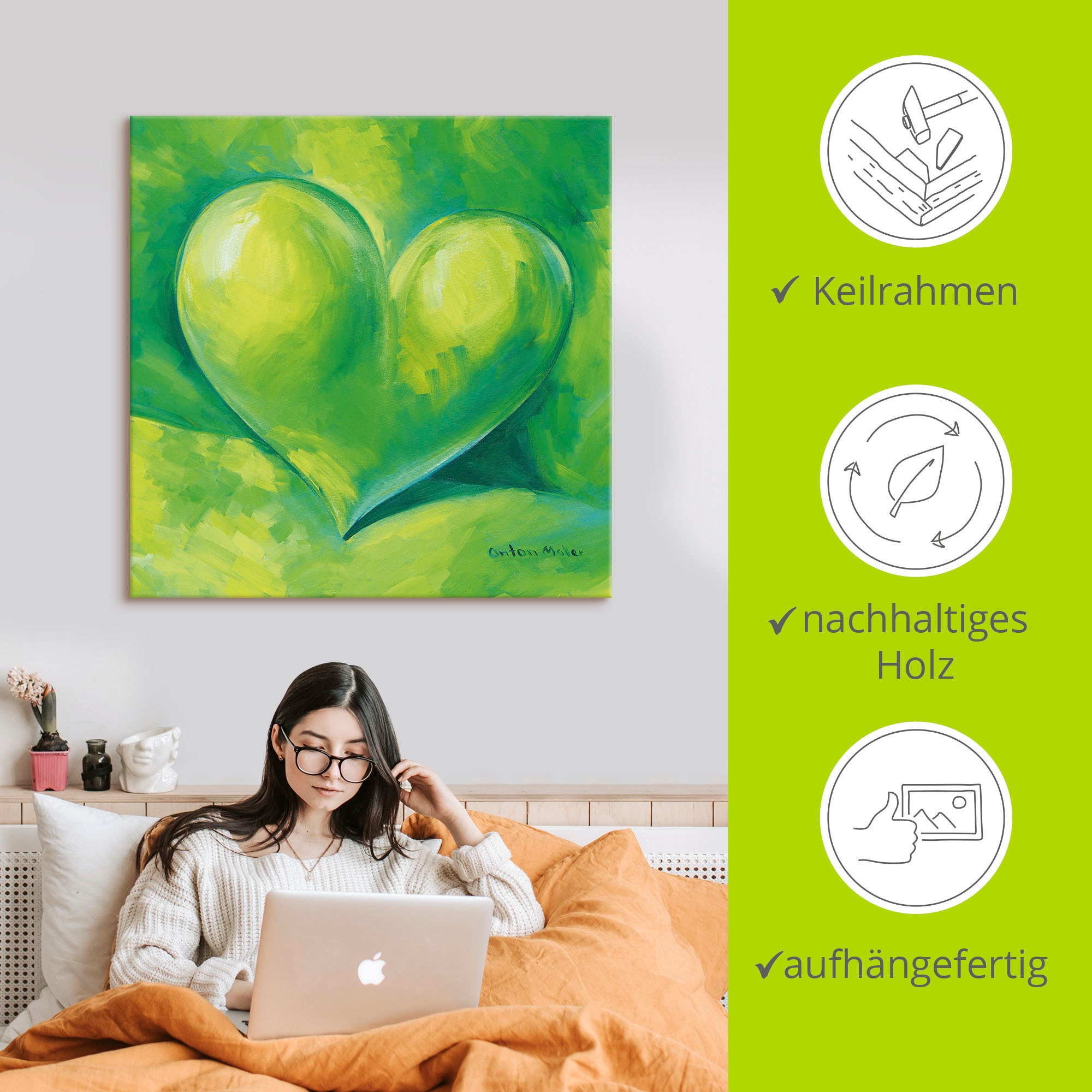 Artland Tableau sur toile »Grünes Herz« 1 cuis tlg. auf Keilrahmen gespannt