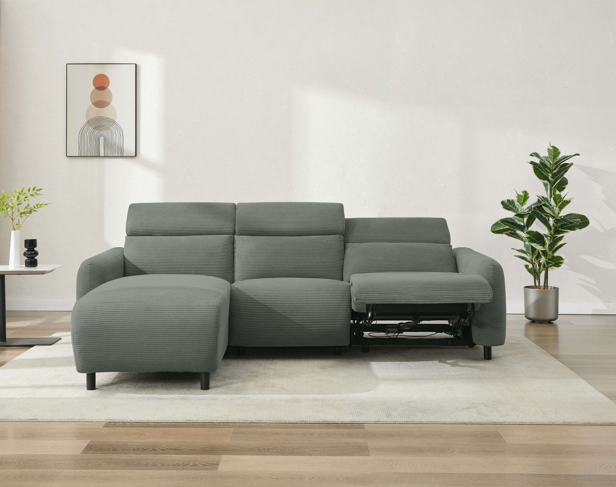 Home affaire Ecksofa »SKAANE in Cord, L-Form, 274 cm, manuelle u. elektrische Relaxfunktion,« rundes Design, Kopfteilverstellung, Federkernpolsterung