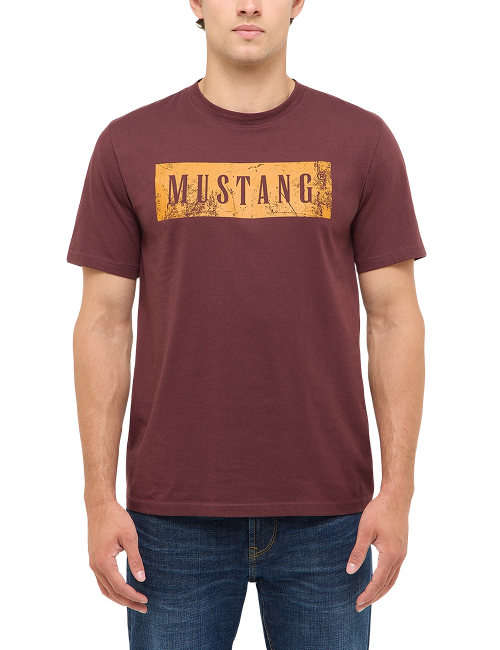 Image of MUSTANG T-Shirt mit grossem Logoprint vorn in Used-Optik, Baumwollqualität