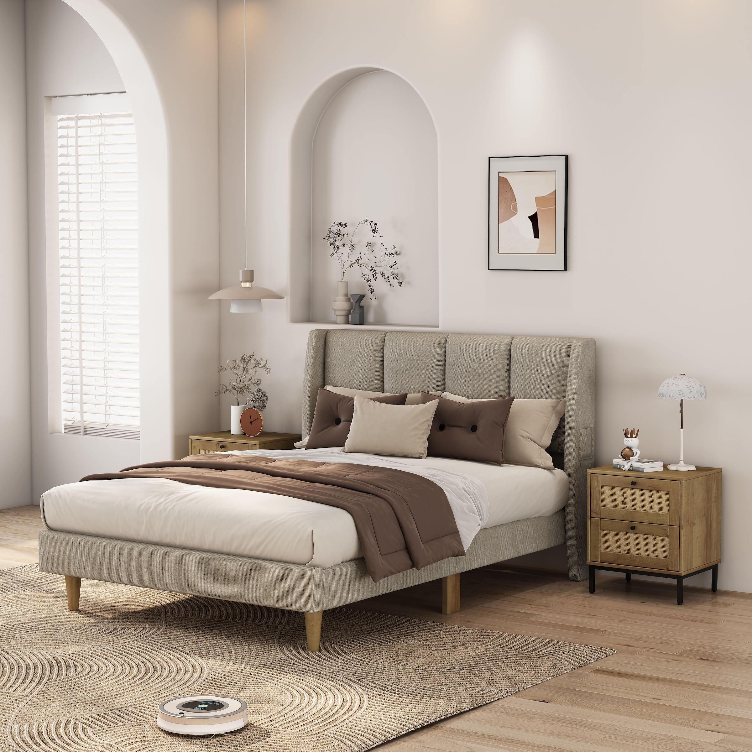 GOODproduct Nachtkommode »Motala Nachtschrank Set BOHO Style mit Geflecht Schubladen Bestseller« Set, 2 Schränke im Set - Eichen-Design mit schwarzen Griffen, 