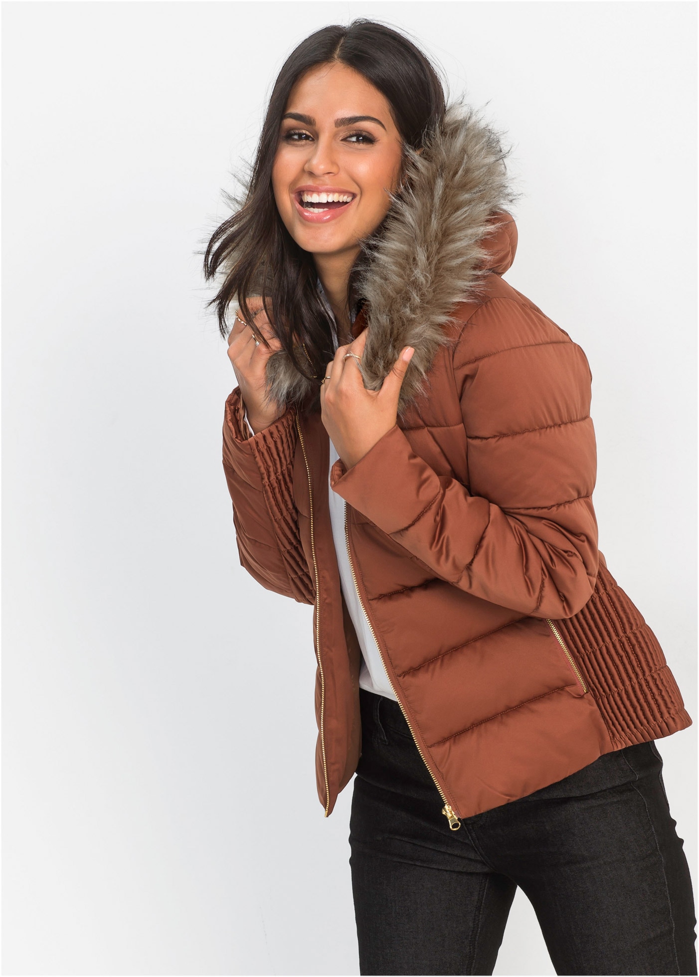 Image of bonprix Steppjacke mit Kapuze abnehmbares Fellimitat, mit seitlichem Smoke-Einsatz, gerade Passform