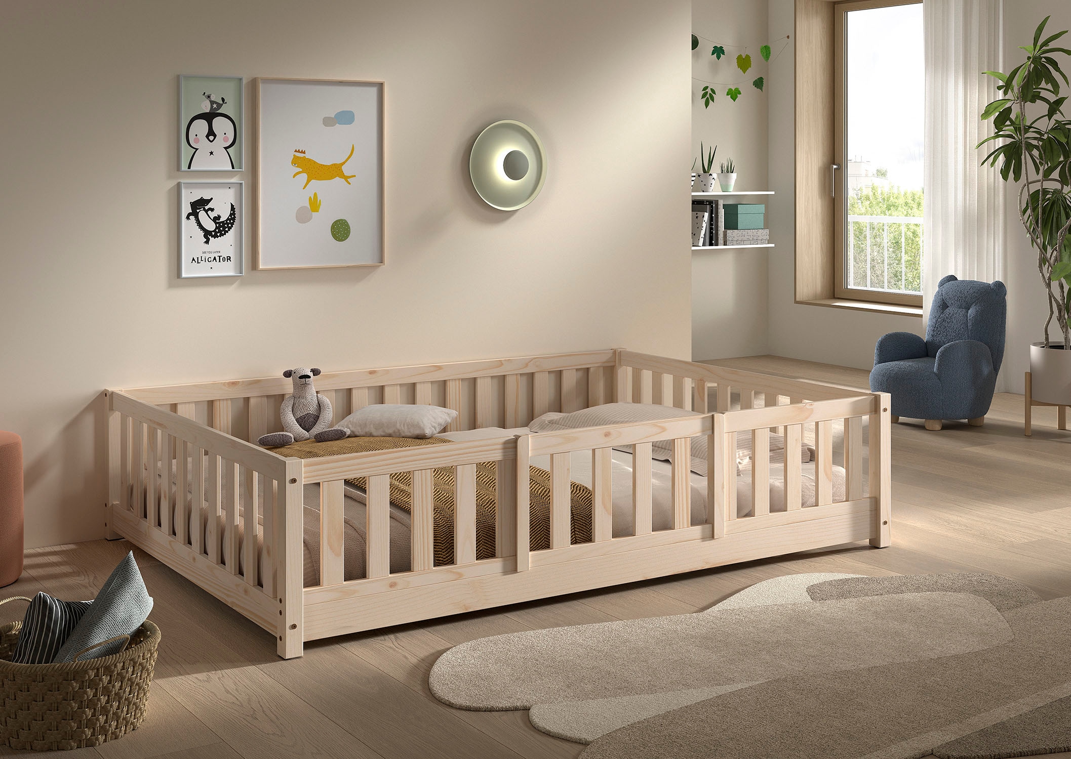 Vipack Kinderbett »Dallas, massiv Bett, Rausfallschutz, umbaubar vom Boden- zum Daybett« inkl. Rolllattenrost und Sprossenumrandung, 90 oder 140x200 cm breit,  stabil und standfest gebaut, wahlweise Kiefer massiv natur oder weiss