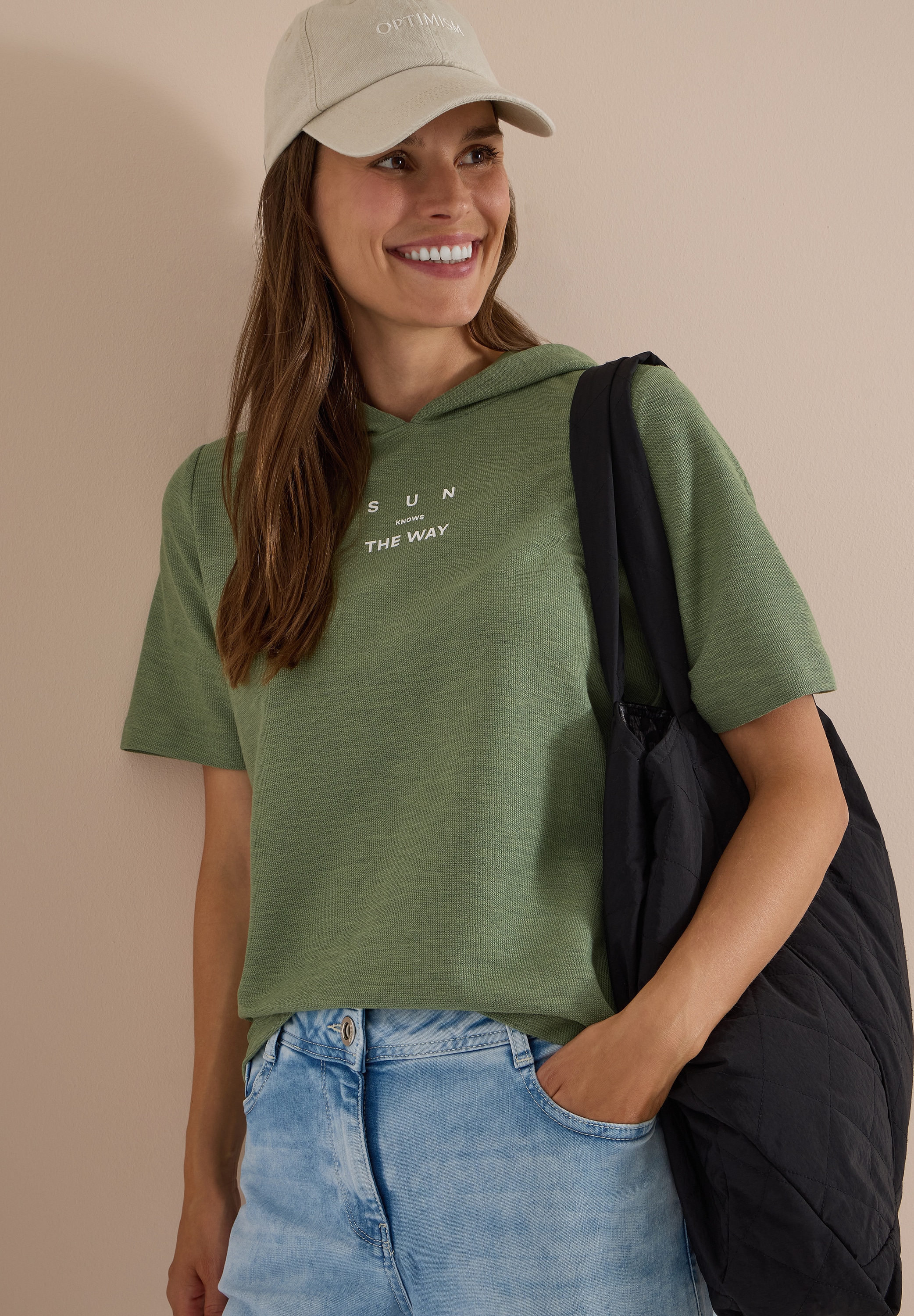 Cecil T-shirt à capuche aspect fil chiné, avec imprimé, mélange de coton