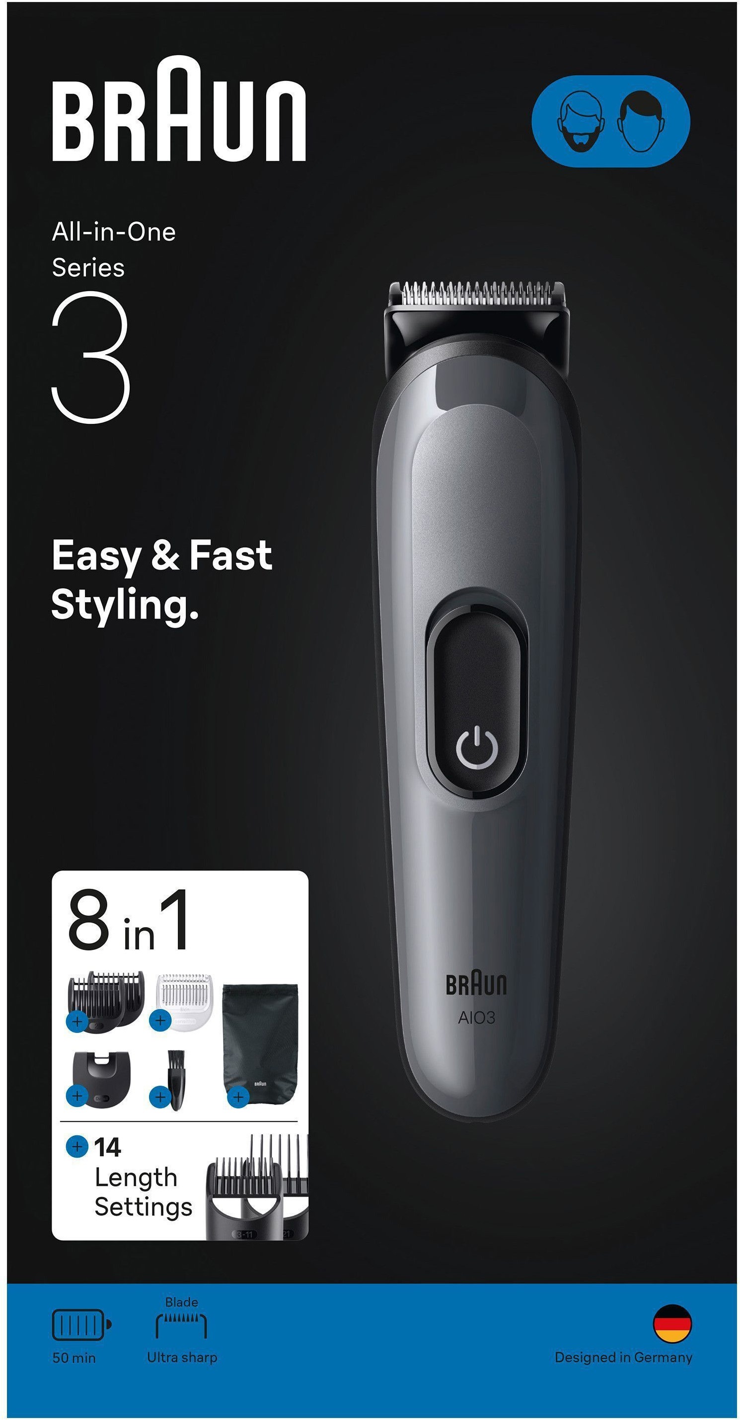 Braun Tondeuse à cheveux »All-in-One Series 3, 8in1 Pflegeset« lame ultra tranchante, 14 réglages de longueur, 50 min d'autonomie batterie