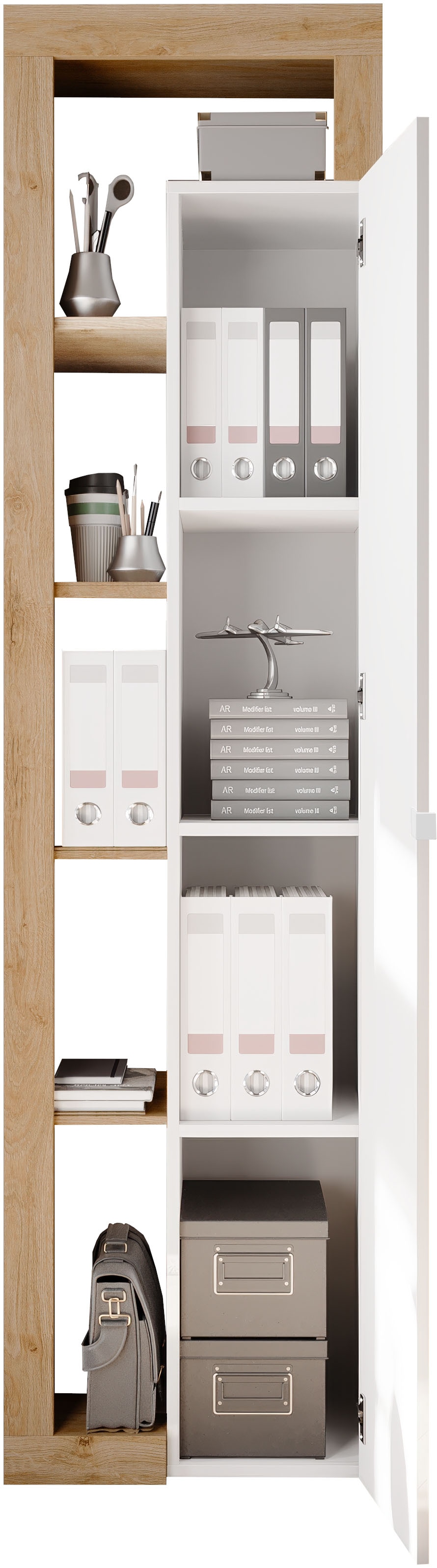 INOSIGN Aktenschrank »Hamburg Höhe 189 cm, Breite 50 cm, 1 Tür, offene Fächer, Büroschrank,« Mehrzweckschrank, dekorativer Rahmen, Metallgriff, viel Stauraum