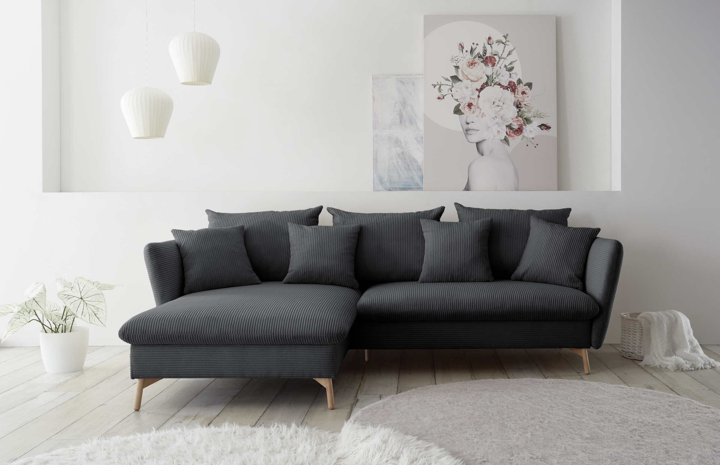 andas Ecksofa »MERLE, 258 cm, L-Form, traumhafter Cord,«, mit Bettfunktion und Bettkasten, Liegefläche 224 x 139