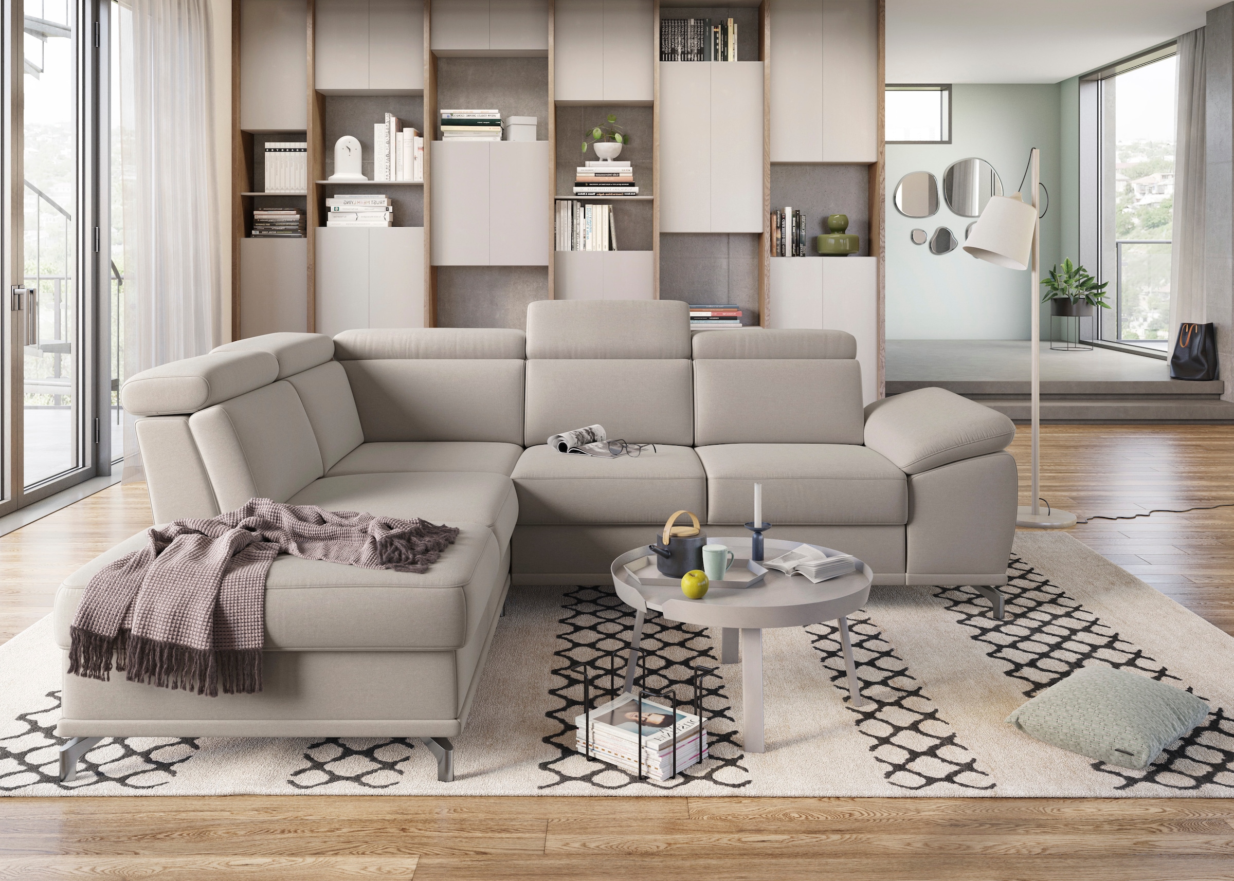 sit&more Ecksofa »Cabrio L-Form, B: 274 cm, mit Sitztiefen-, Arm- & Kopfteilverstellung« 3 Nierenkissen, Federkern, optional Bettfunktion und Stauraum