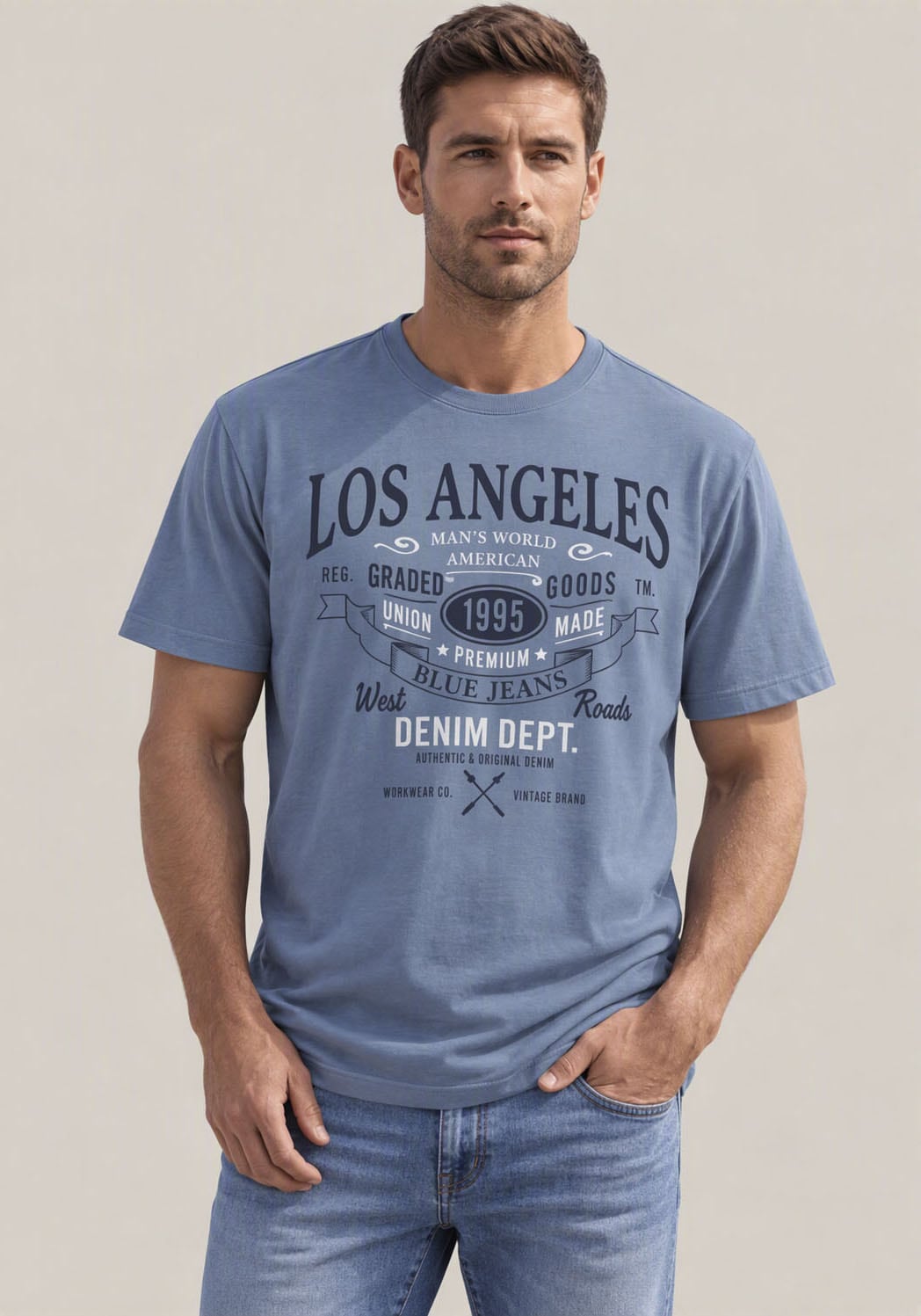 Man's World T-Shirt Kurzarm,  mit Print,  Rundhalsausschnitt,  aus Baumwolle