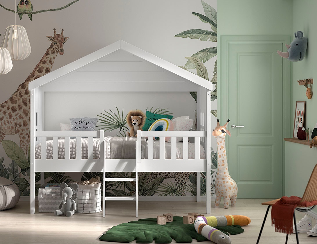 Vipack Hausbett »Kiefer massiv weiss lackiert, Made in Europe, stabil gebaut« B/H/T ca. 213x201,8cm, wahlweise mit und ohne Rutsche,  mit Leiter, seitliche Fenster, Rolllattenrost und Absturzschutz