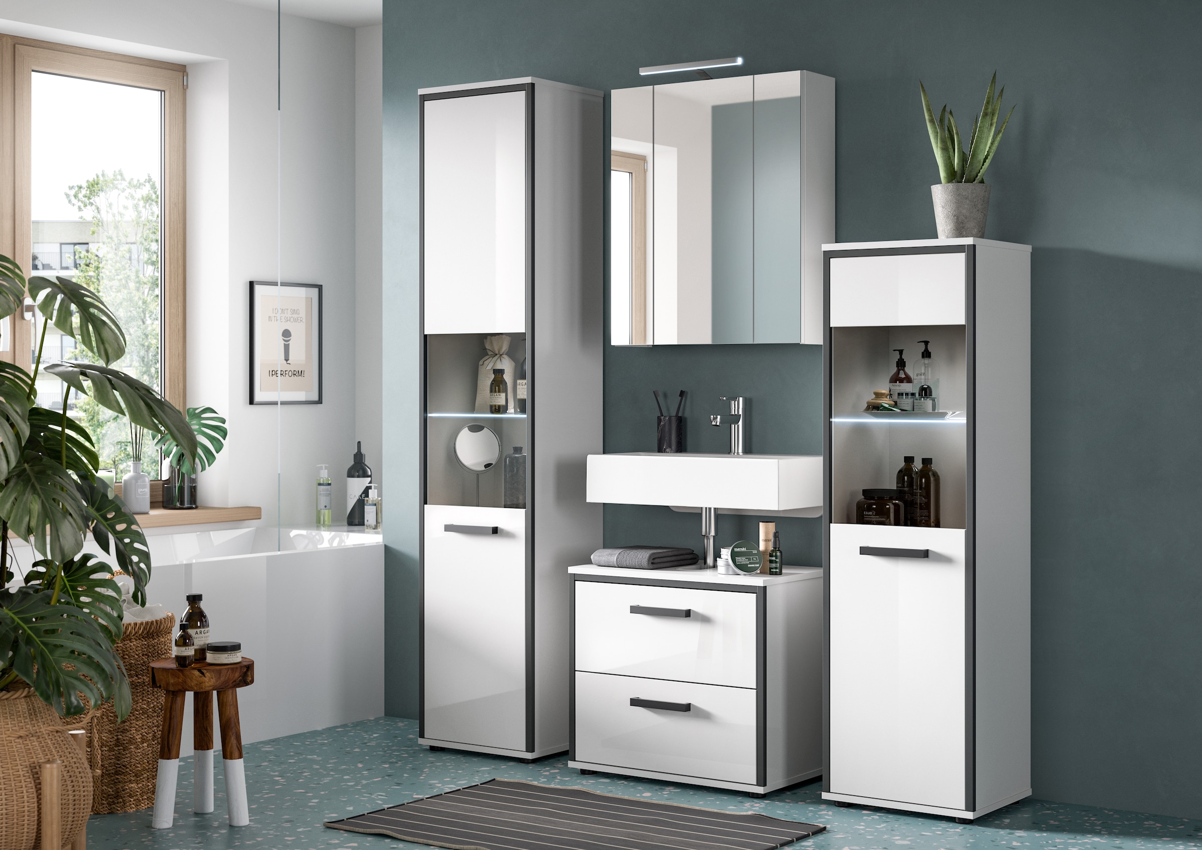 welltime Ensemble de meubles de salle de bain »KAJO, 3-tlg. Badkombination, weiss hochglanz, inkl. Beleuchtung« Set, Set, best. aus: Hochschrank, WBU, Spiegelschrank, Beleuchtung, 5 cuis tlg.