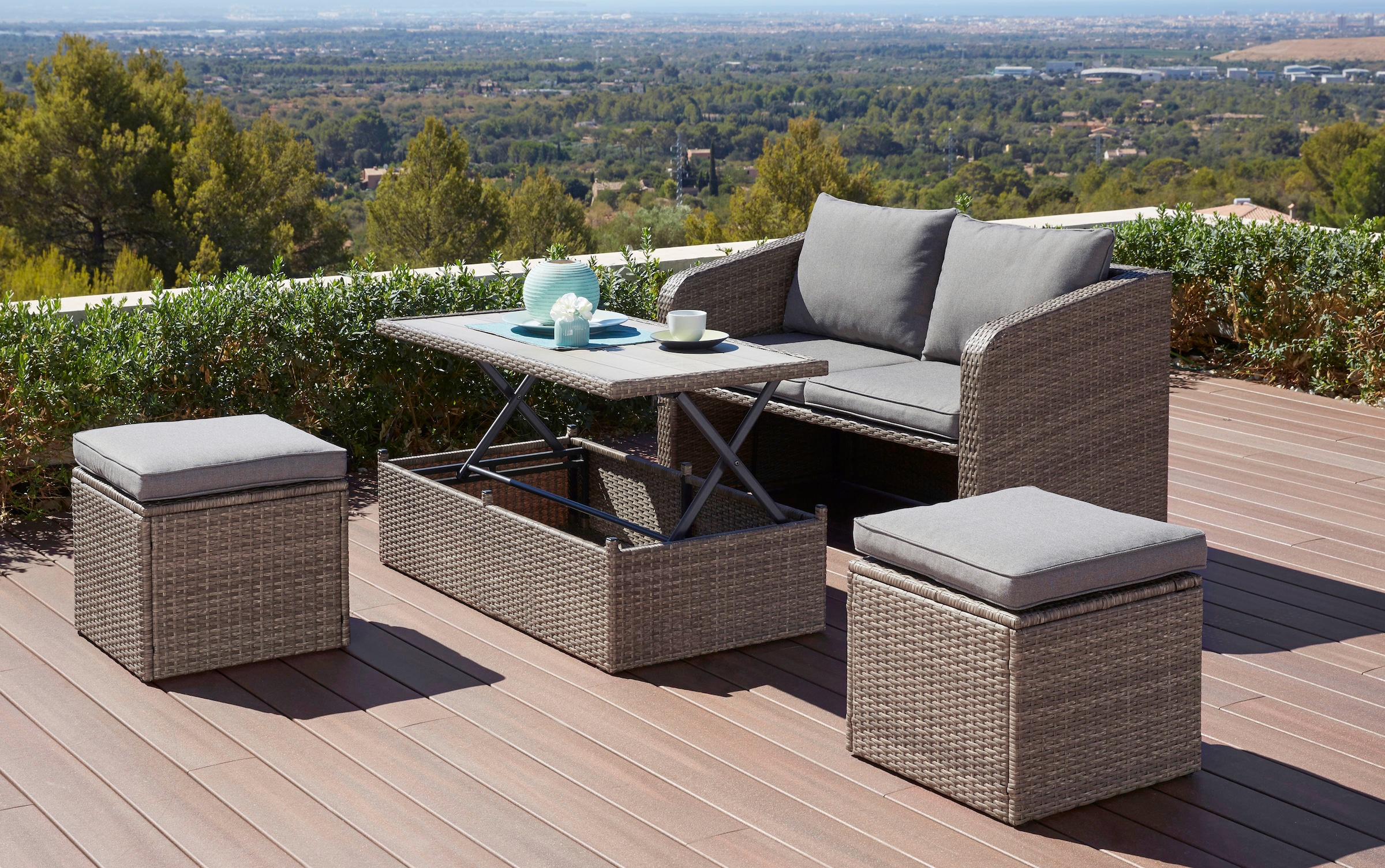 Gartenmöbelset »Lagos«, 10-tlg., 2er-Sofa, 2 Hocker,Tisch 111x32,5-63 cm, Polyrattan