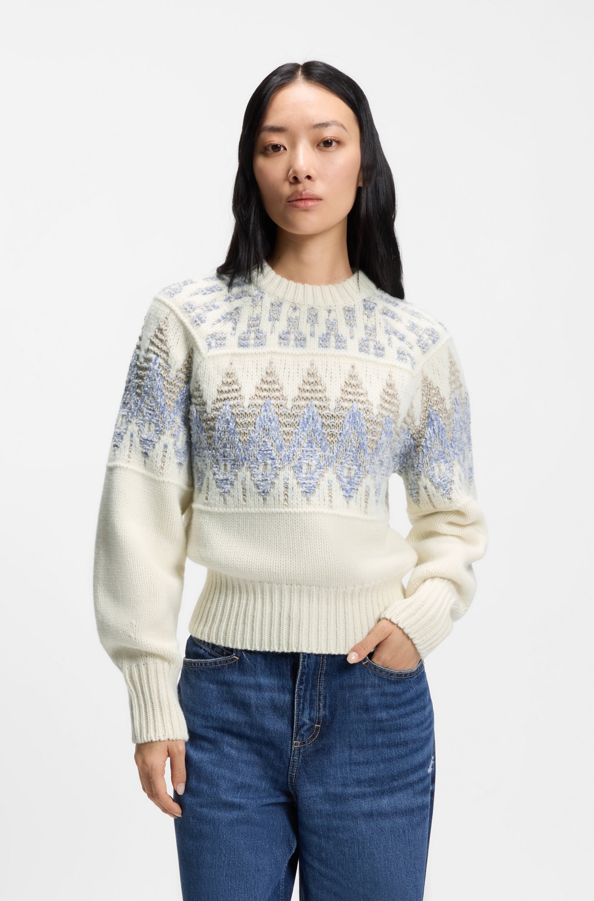 Image of BOSS ORANGE Strickpullover "Farombo Premium Damenmode" mit Jacqaurdmuster, Rundhalsform