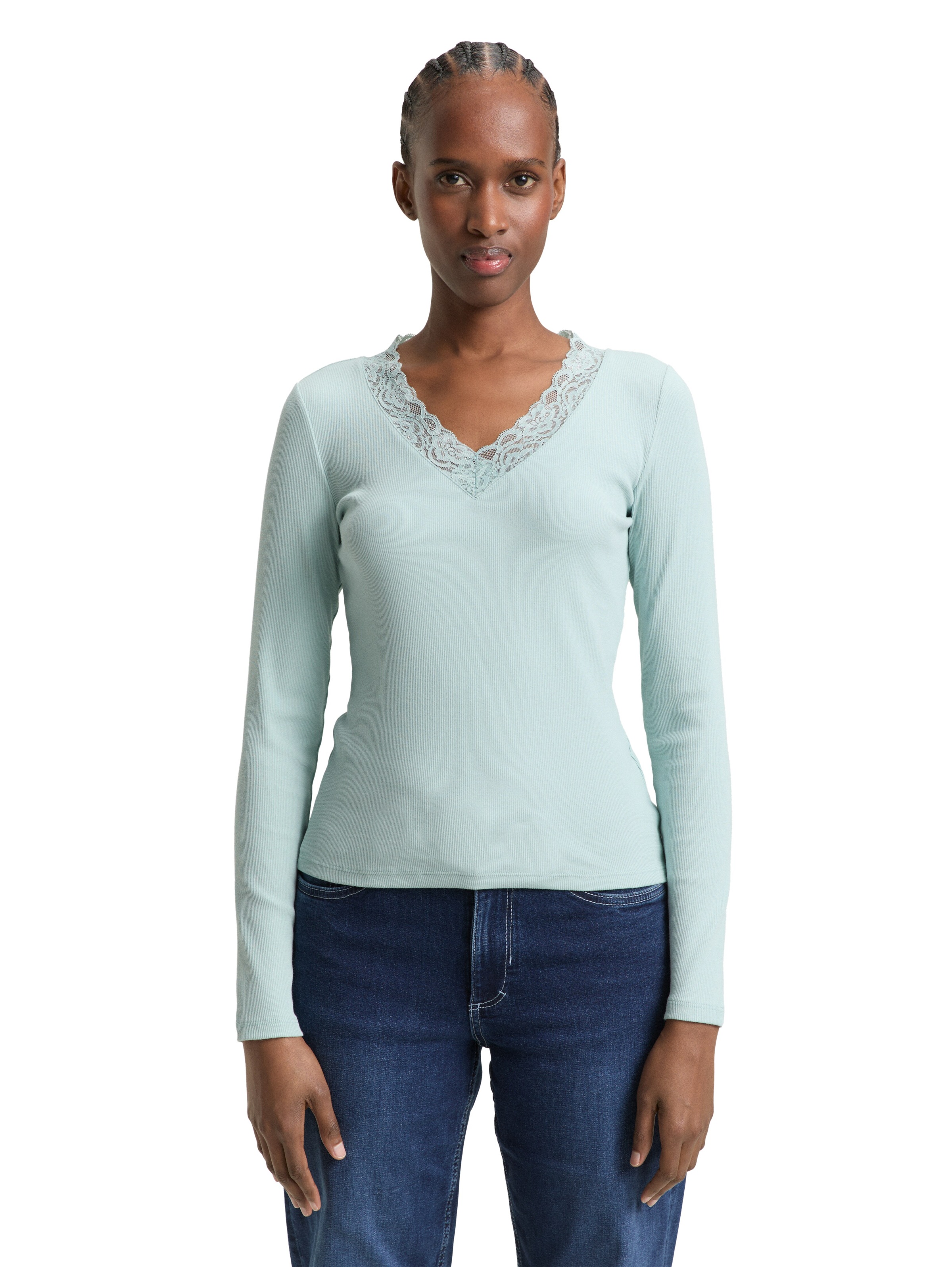 Image of TOM TAILOR Denim Langarmshirt V-Ausschnitt mit Spitze
