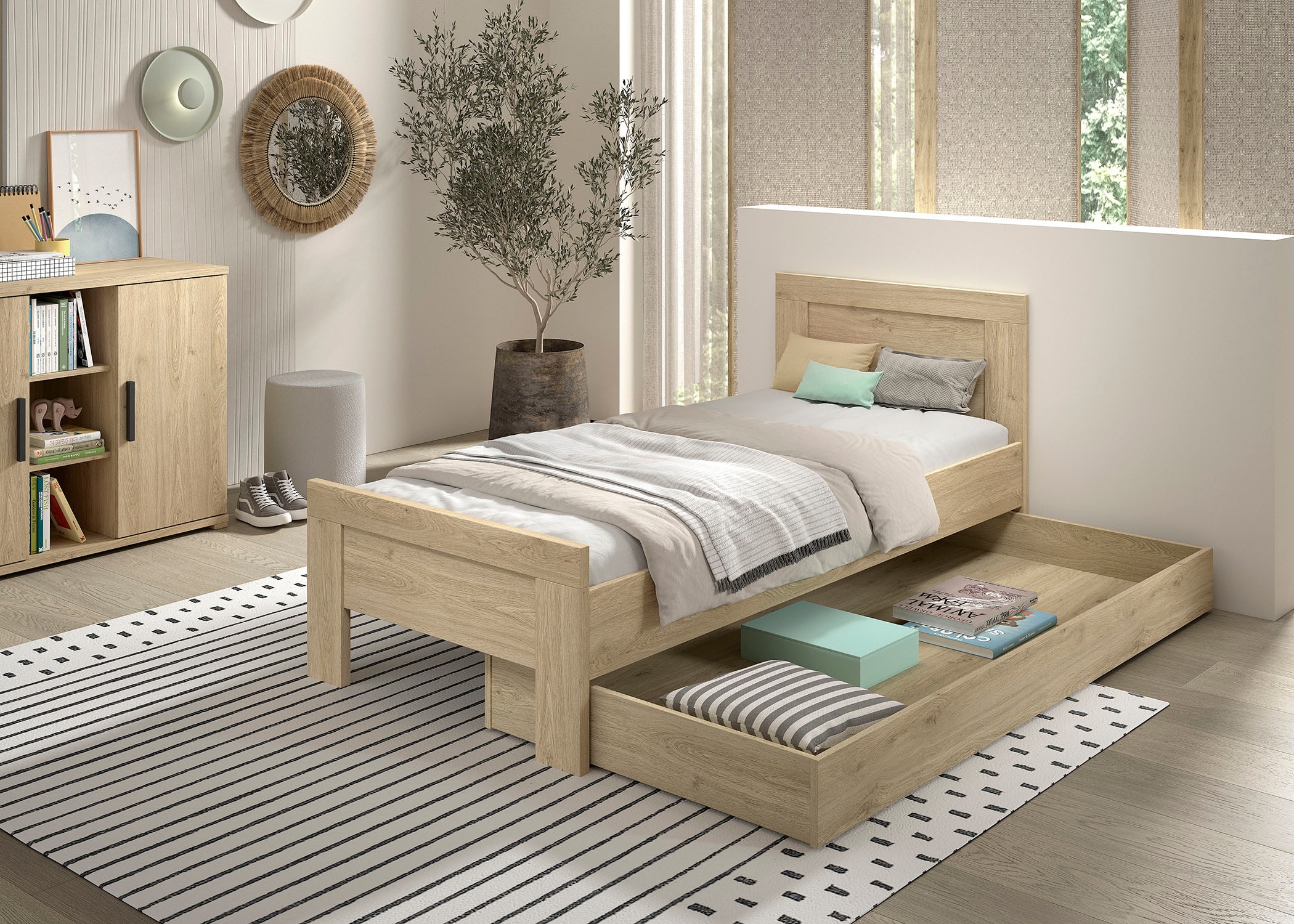 Vipack Jugendzimmer-Set »SAM - Bett und Bettschublade, gradliniges Design in wohnlichem Dekor« Bettschublade auf Rollen auch als Stauraum nutzbar, 2 tlg. tlg. die Oberfläche ist pflegeleicht, in der Ausführung Eiche Dekor