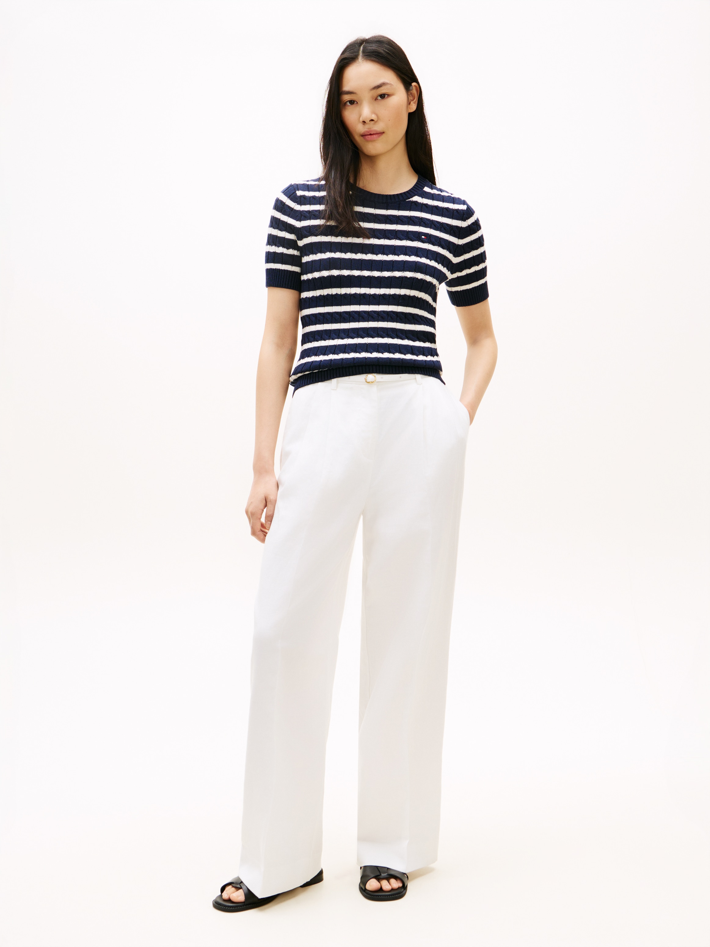 Tommy Hilfiger Pull à manches courtes »CO CABLE MID GG SS C-NK SWT« Baumwolle, mit Zopfmuster