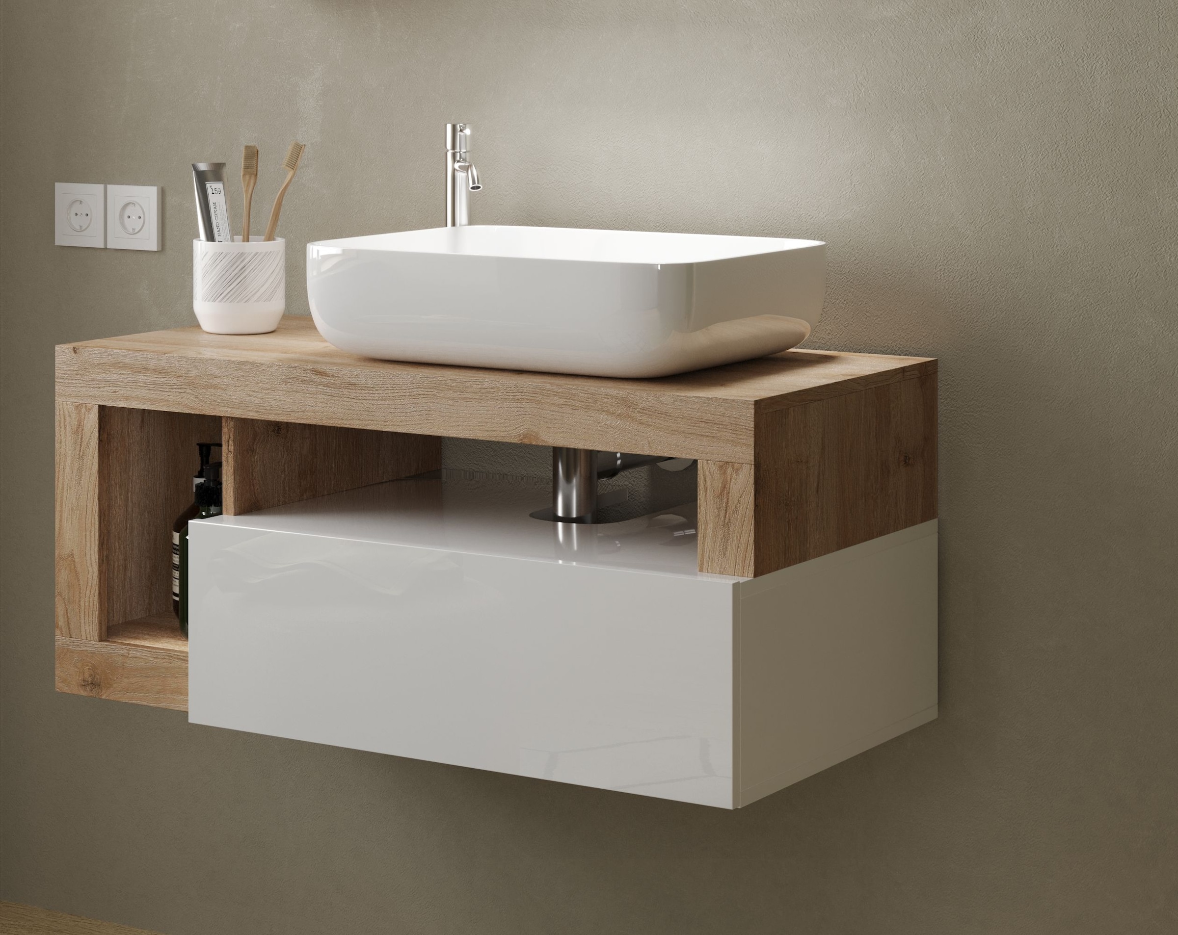 welltime Waschtisch »Hamburg«, 1 Schubkasten, Breite 92 cm, Soft-Close, inkl. Keramik-Aufsatzbecken