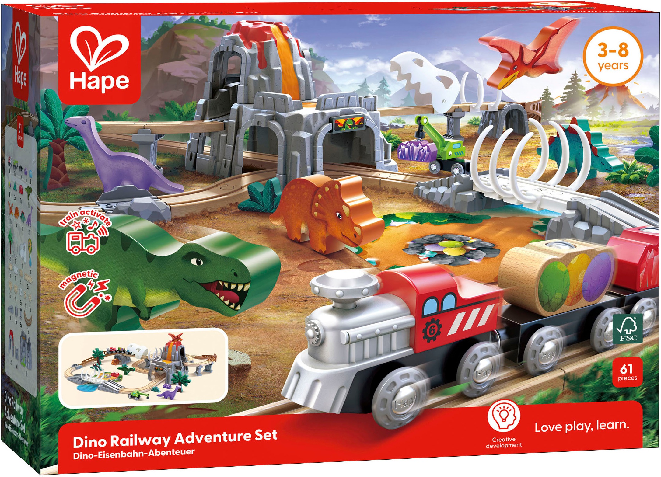 Hape Train jouet »Dino-Eisenbahn-Abenteuer« avec fonction lumière et son
