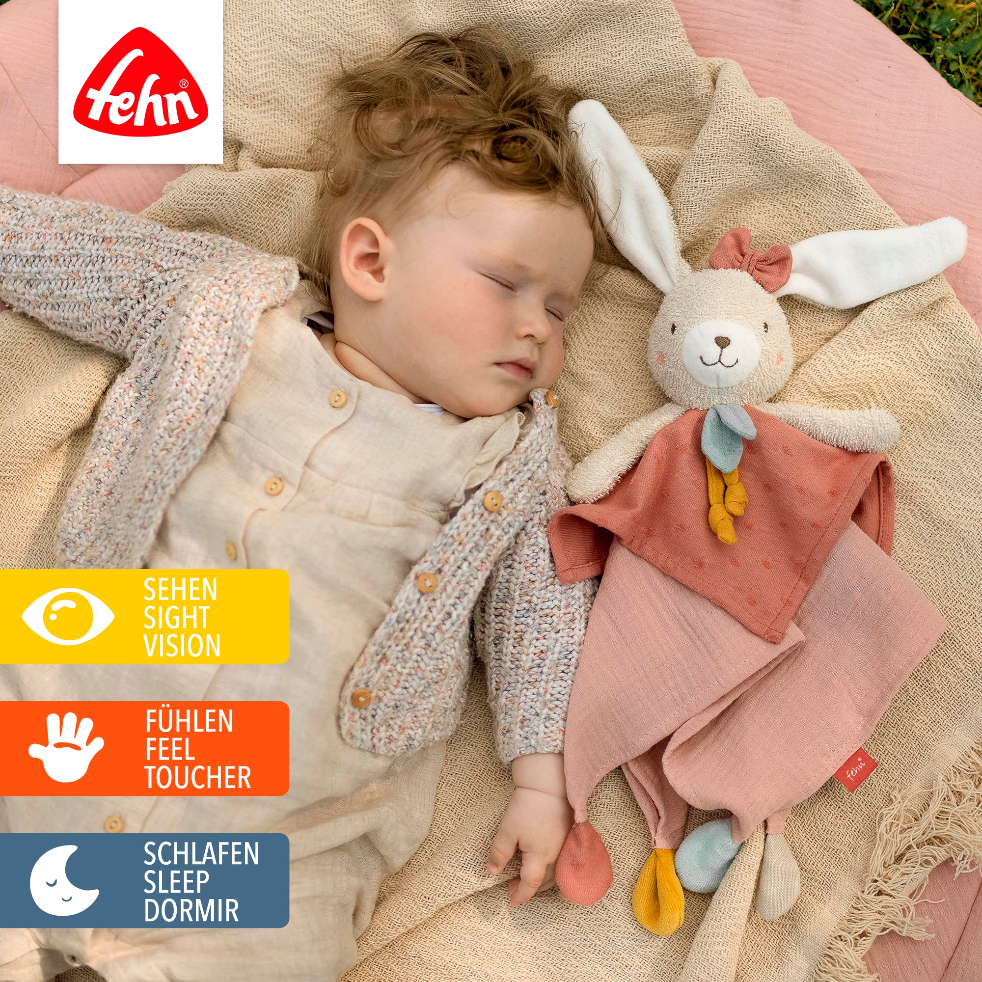 Fehn Doudou »Schmusetuch Hase« avec anneau de fixation pour tétine