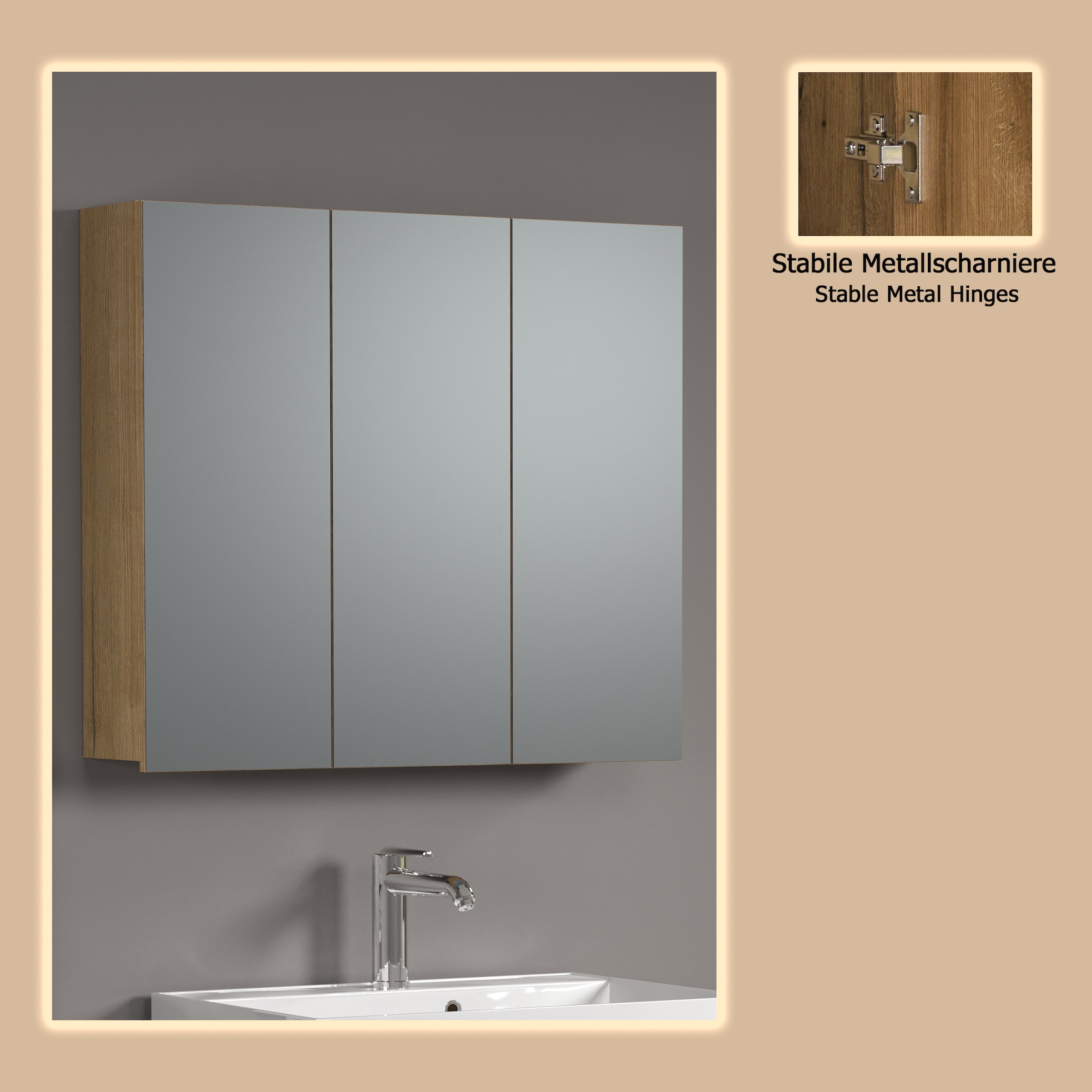 welltime Spiegelschrank »Amrum« 1 Stk. tlg. 3-Türiger Badspiegel mit Stauraum - Masse (B/T/H) 90/20/80 cm