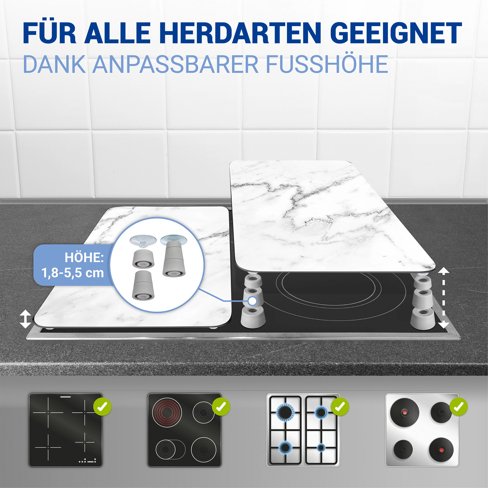WENKO Herd-Abdeckplatte »Universal Modell Marmor«, (Set, 2 tlg.), Herdabdeckung für alle Herdarten, kratzfest, mit rutschfesten Füssen