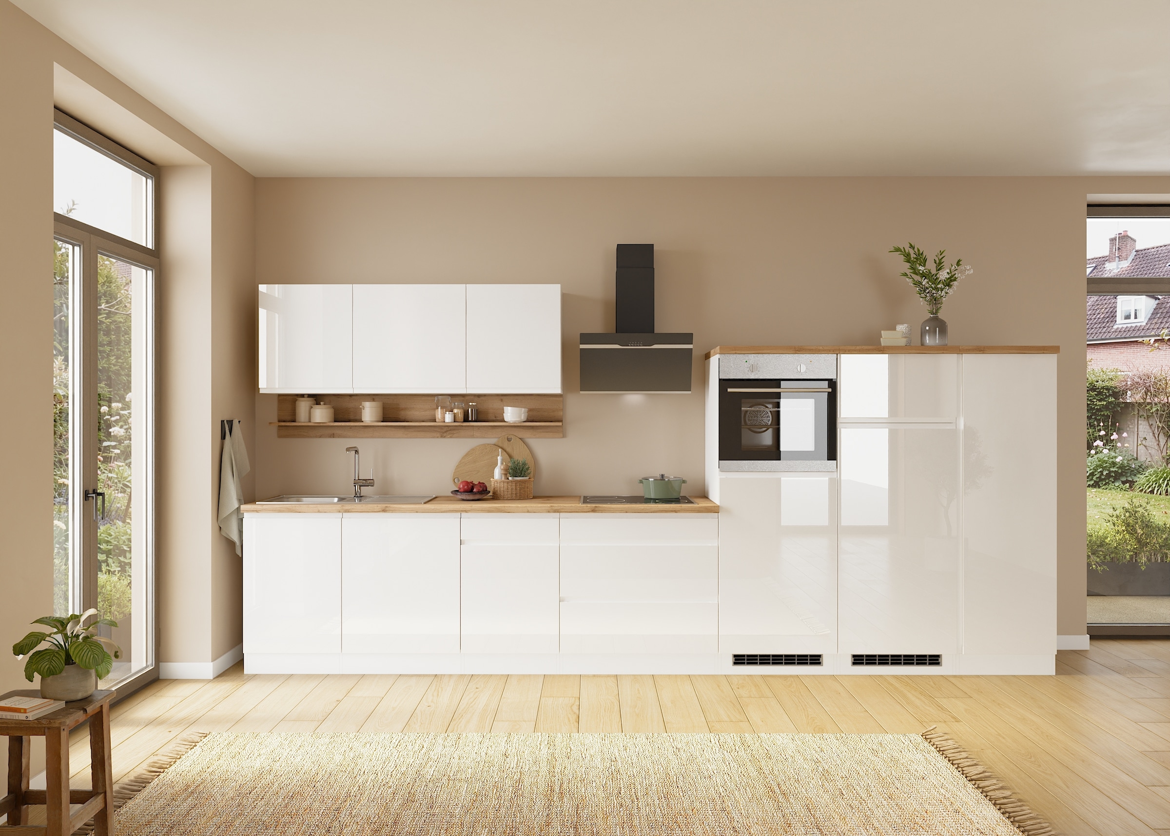 KOCHSTATION Küchenzeile »KS-Virginia,neu in verbesserter Ausführung« Arbeitsplatte 38 mm stark, Stauraum, Softclose,  Breite 410 cm, Softclose, wahlweise mit E-Geräten und Induktion