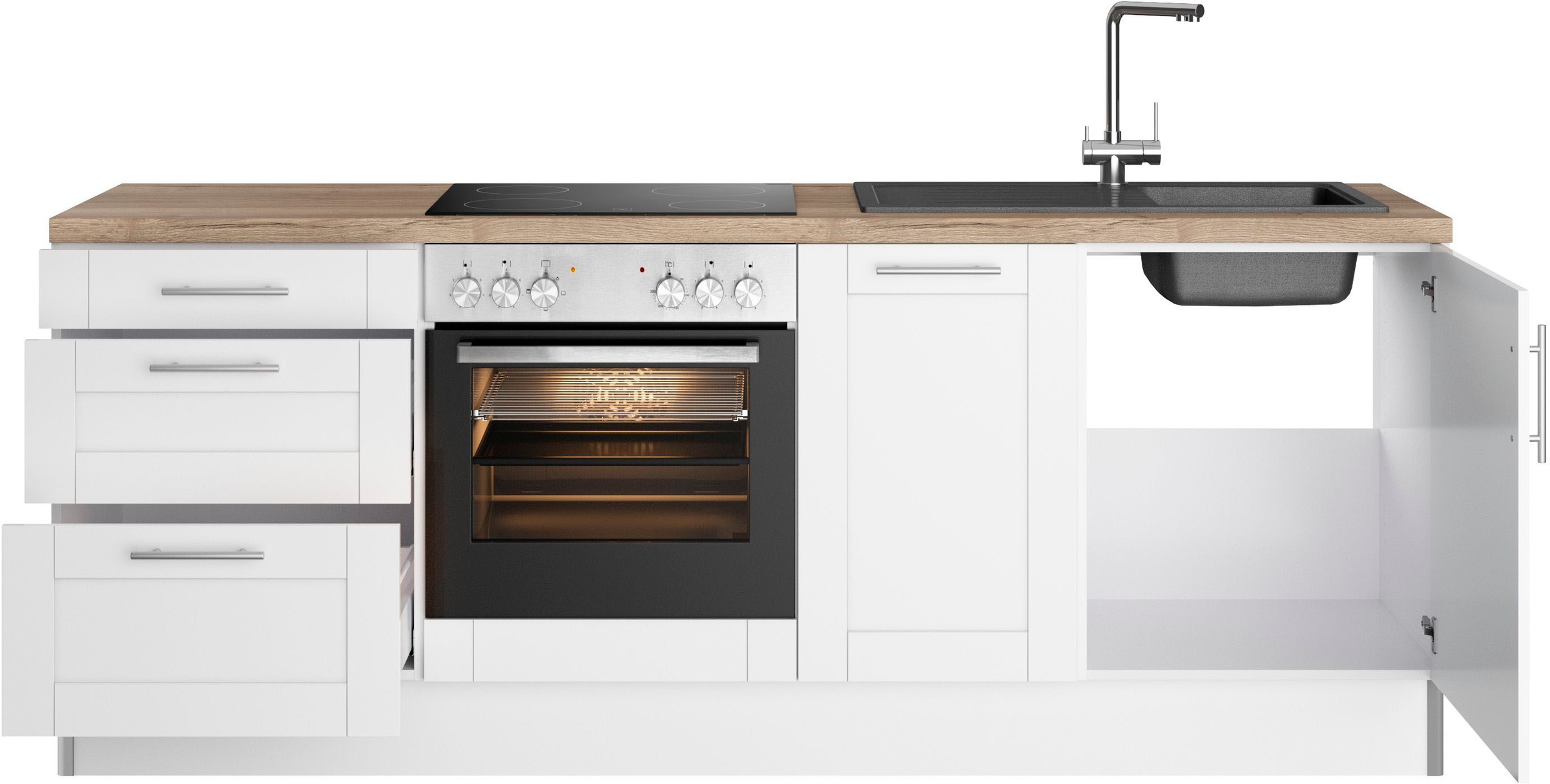 KOCHSTATION Küchenzeile »KS-Ahus«, 225 cm breit,wahlweise mit E-Geräten,Soft Close Funktion, MDF Fronten