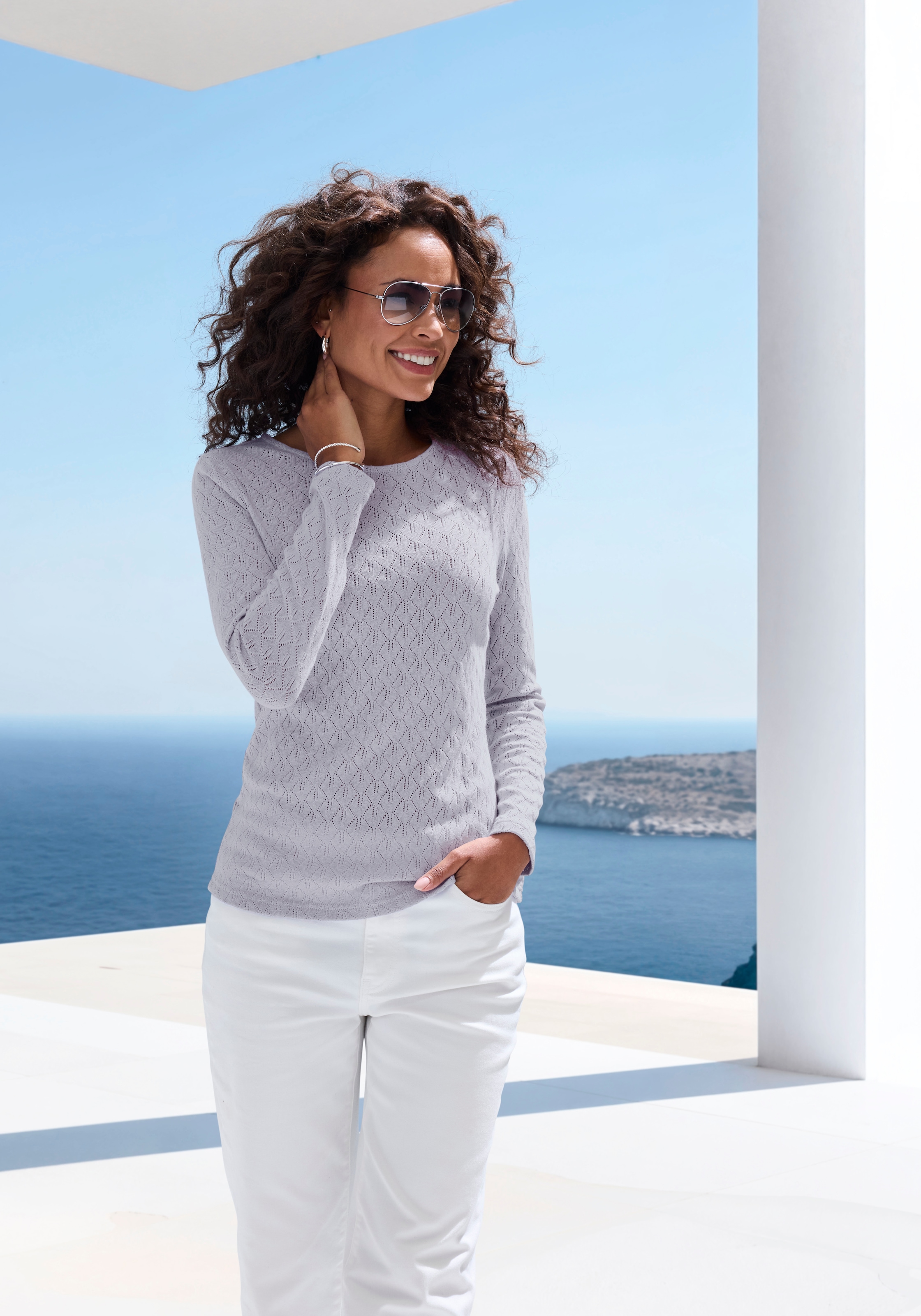 Vivance Langarmshirt »mit modischem Ajour-Muster«, aus weichem Baumwollstrick