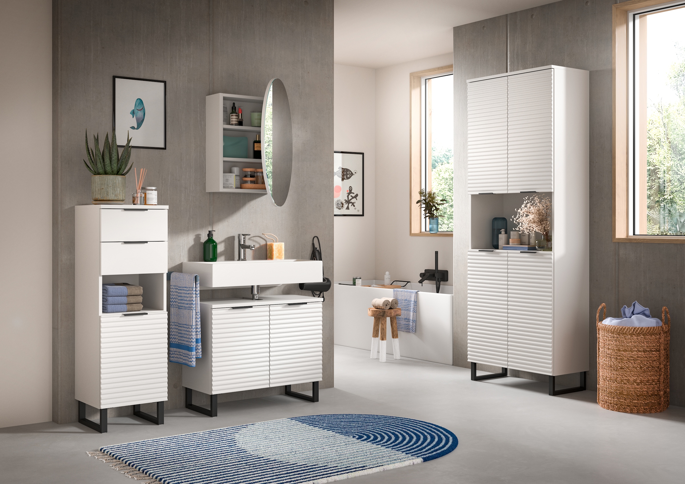 welltime Badmöbel-Set »Litica, Breite 205 cm, hochwertige Rillenfräsung, Metallkufen«, (4 St.), Unterschrank, Waschbeckenunterschrank, Spiegelschrank, Hochschrank